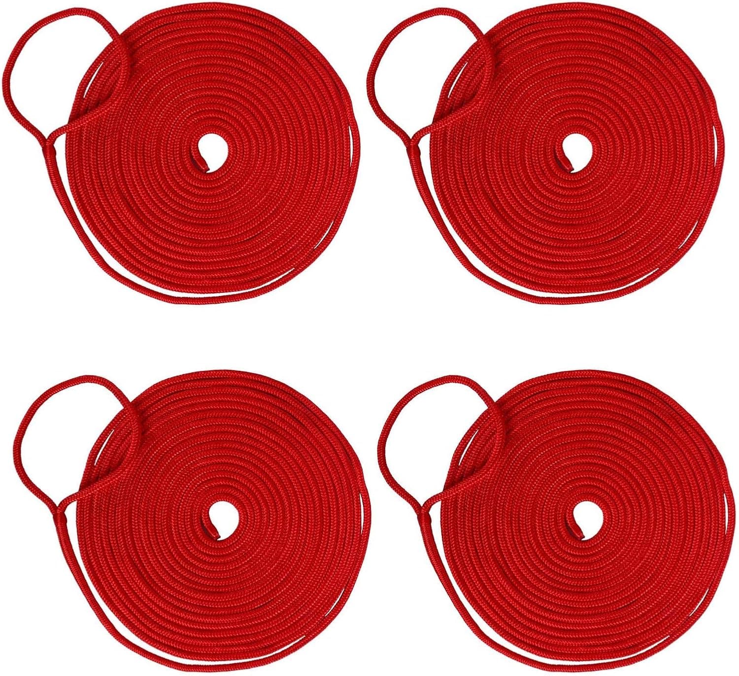 Amarine Made 4 Pack of 3/4 Inch 30 Feet Double Braid Nylon Dockline Mooring Rope Double Braided Dock Line,Working Load Limit:1900LBS,Breaking Strength:9500LBS (Red)