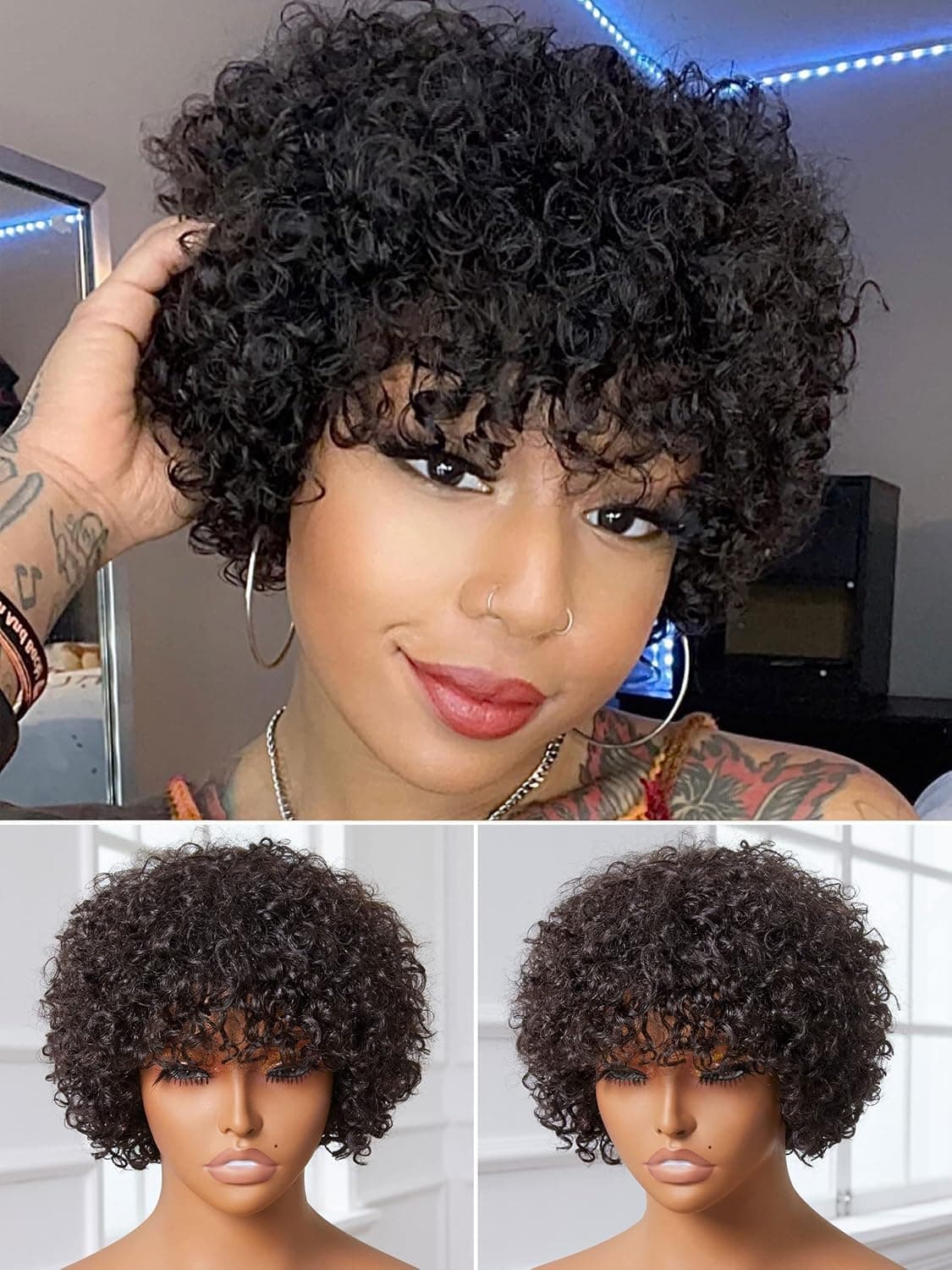 YASGRL 6" Short Curly Wig With Bangs Human Hair Pixie Cut Wig Human Hair Brazilian Human Virgin Hair Short Curly Human Hair Wigs With Bangs