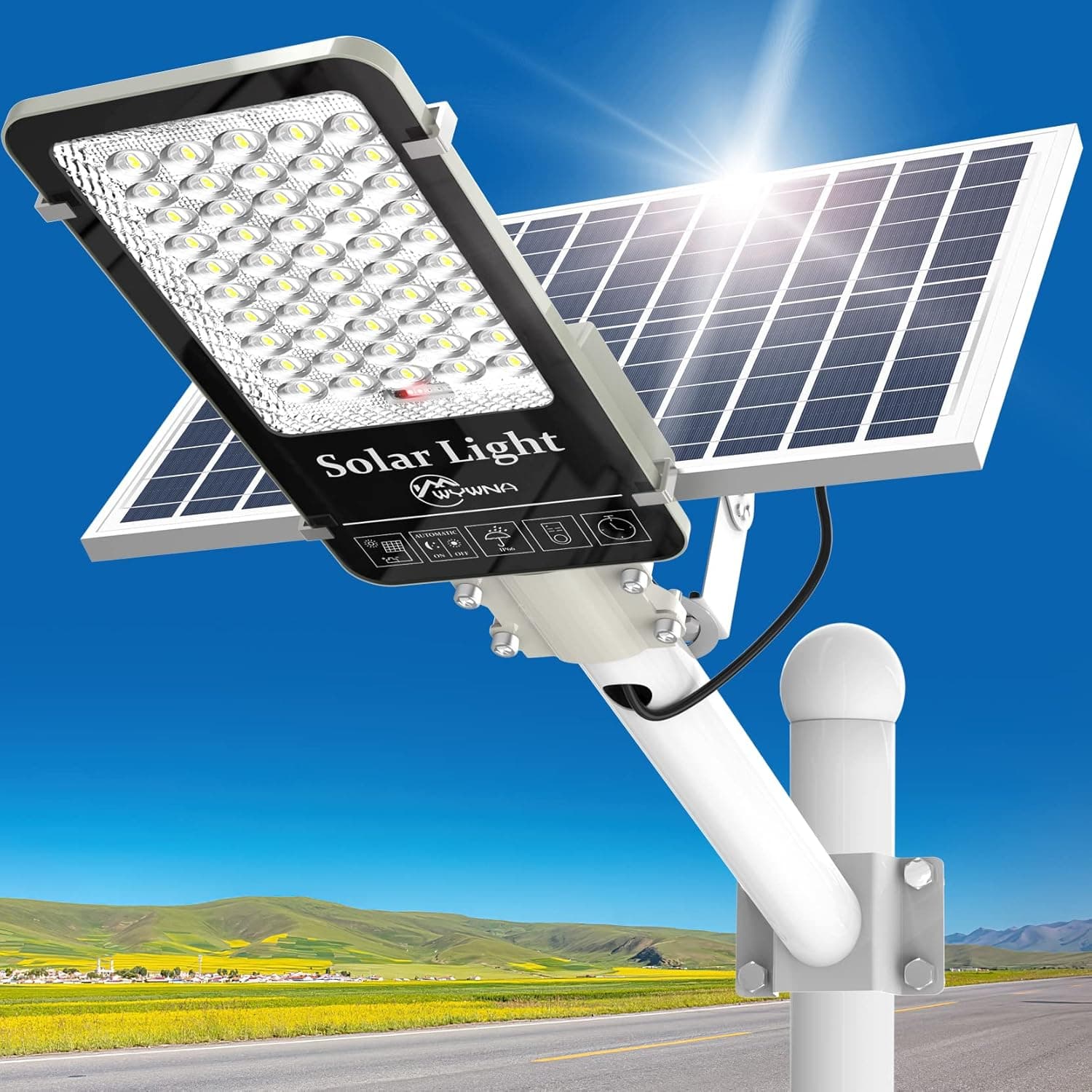 WYWNA Solar Street Light 1000W Solar Street Lights Outdoor Waterproof 100000LM Solar Powered Led Street Light Dusk to Dawn Super Bright Commercial Solar Parking Lot Lights for Yard/Garden/Stadium