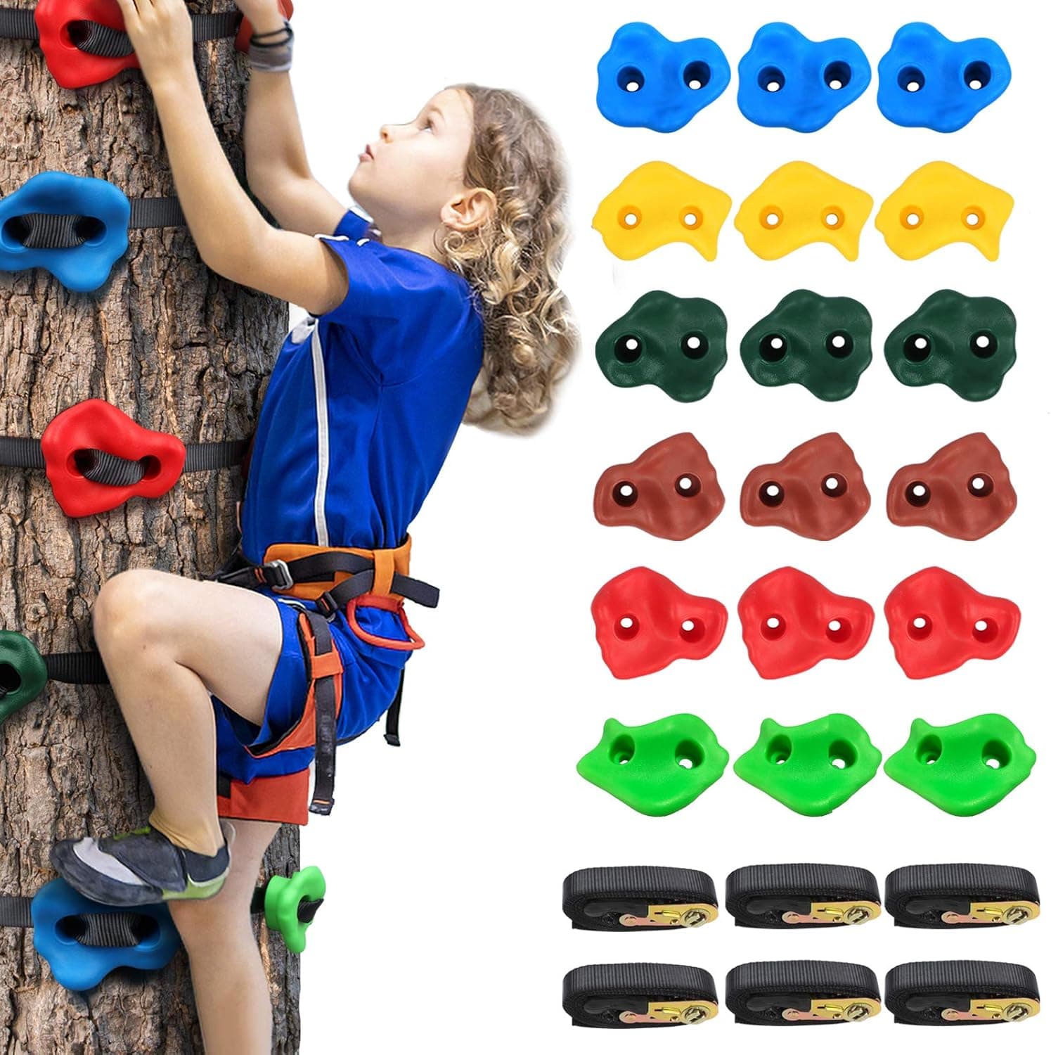 18 Ninja Tree Climbing Holds for Kids Climber, Adult Climbing Rocks with 6 Ratchet Straps for Outdoor Ninja Warrior Obstacle Course Training