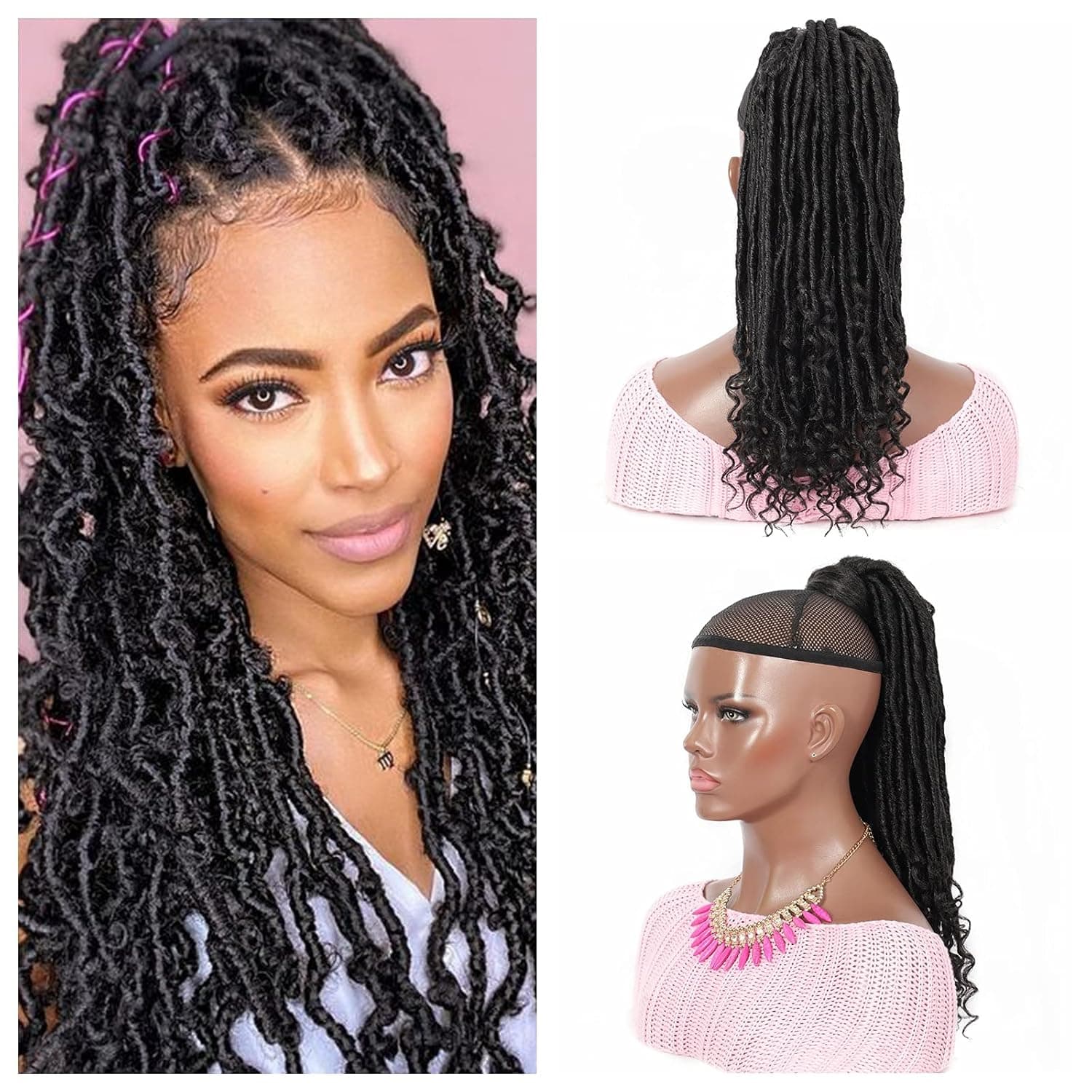 Youthfee 18” Locs Braid Ponytail with Curly Ends Easy Quick Fastening Wrap Around Braid Ponytail Hair Extensions for Black Women Natural Looking Synthetic Hairpieces