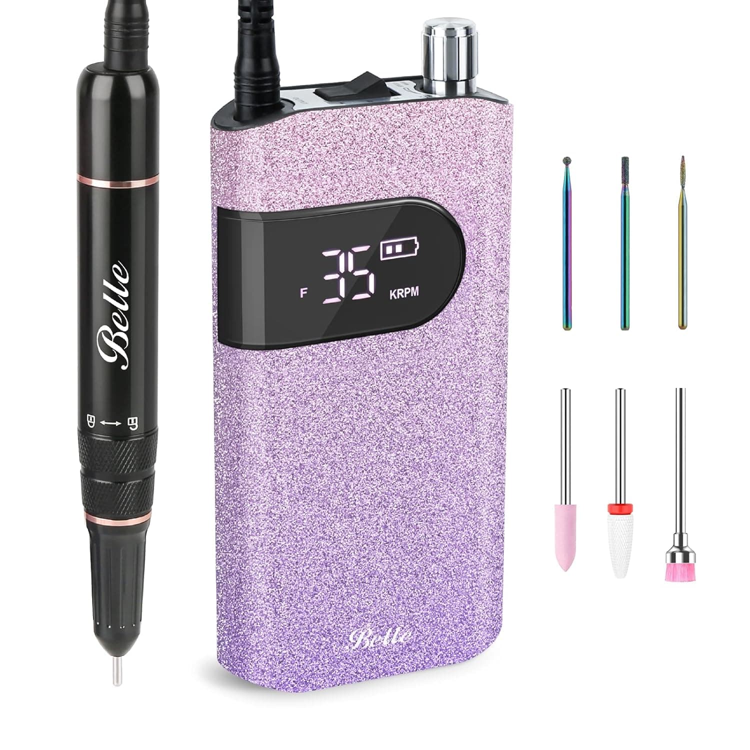 Belle Professional Nail Drill Machine, Portable Electric Nail File for Acrylic Nails with 6pcs Bits, 35000RPM Rechargeable Efile Acrylic Machine Manicure Tool for Home Salon Shiny Pink Purple