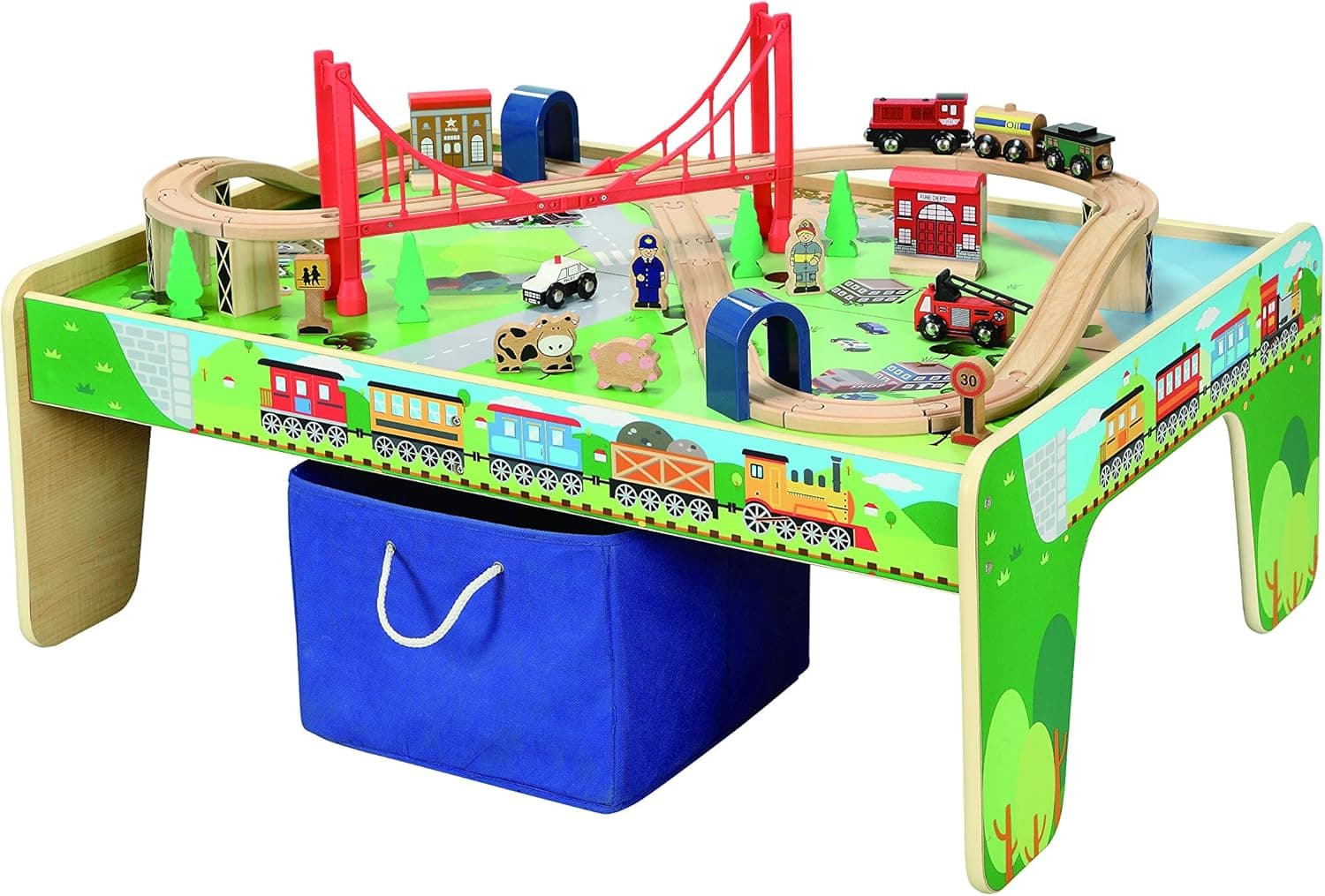 50 Piece Wooden Train Set with Activity Table & Storage Bin - 100% Hardwood Track, Engine, Oil Tanker, Caboose, Fire Engine, Station, Policeman, Farm Animals. Compatible with All Major Brands