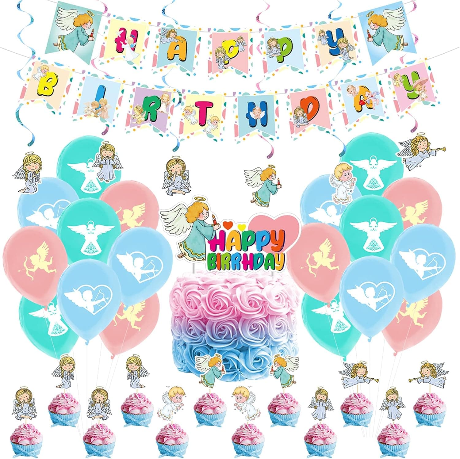 38Pcs Angel Birthday Party Supplies and Decorations Angel Happy birthday Banner,Latex balloon, Cupcake Toppers, Set Anime Party Supplies for Kids Family