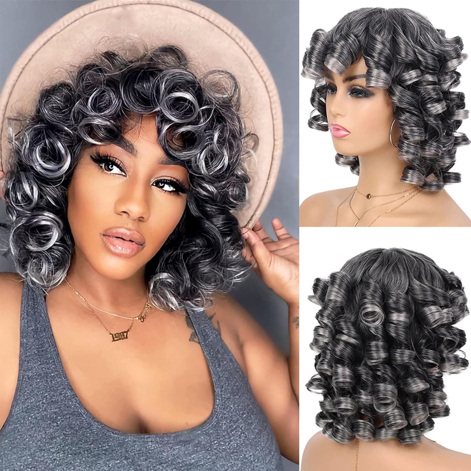 G&T Wig Grey Curly Wig with Bangs for Black Women Glueless Wear and Go Wig Afro Curly Synthetic Wigs Ombre Color Heat Resistant Short Curly Wigs Natural Looking Hair for Daily Party Use (1B/Grey)