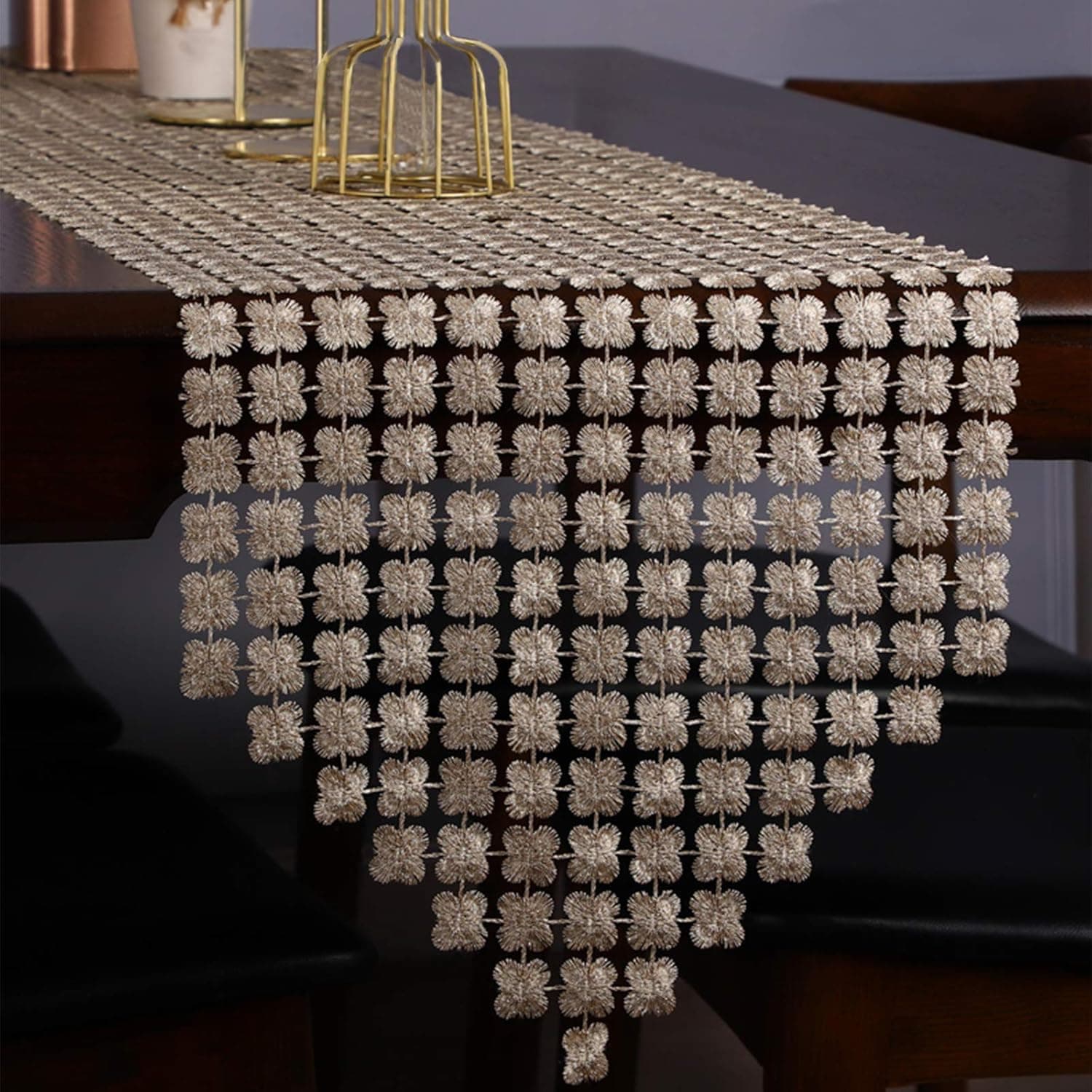 Jucoan Glitter Gold Clover Table Runner, 12 x 72 Inch Luxury Crochet Table Dresser Scarf Setting Decoration for Wedding Party Holiday Home