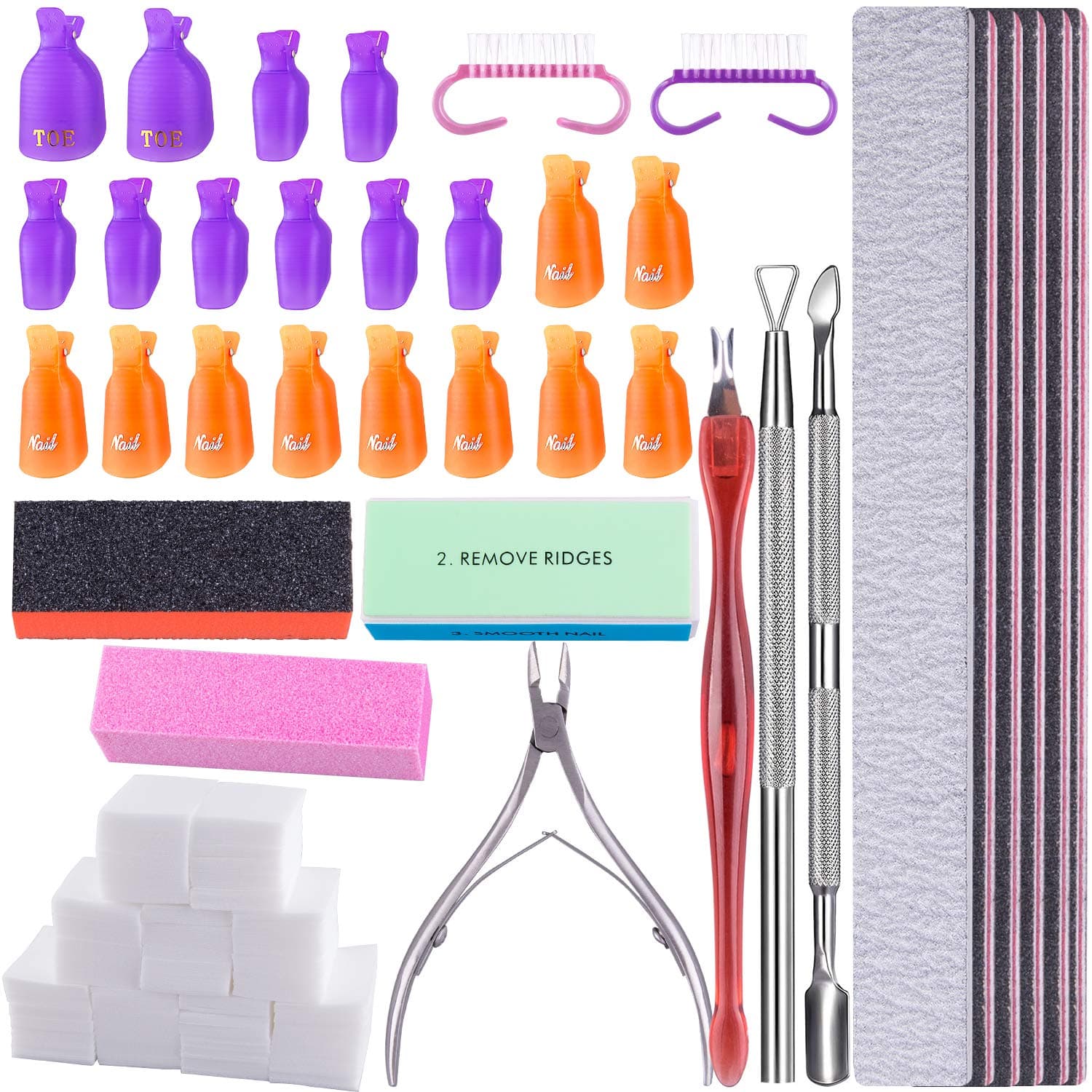 SIQUK Nail Polish Remover Tools Including 700 Pcs Cotton Pads 20 Pcs Nail Clips 6 Pcs Nail File, Triangle Cuticle Set 2 Pcs Nail Brush 2 Pcs Grinding Blocks, Polishing Block, Dead Skin Fork, Scissors