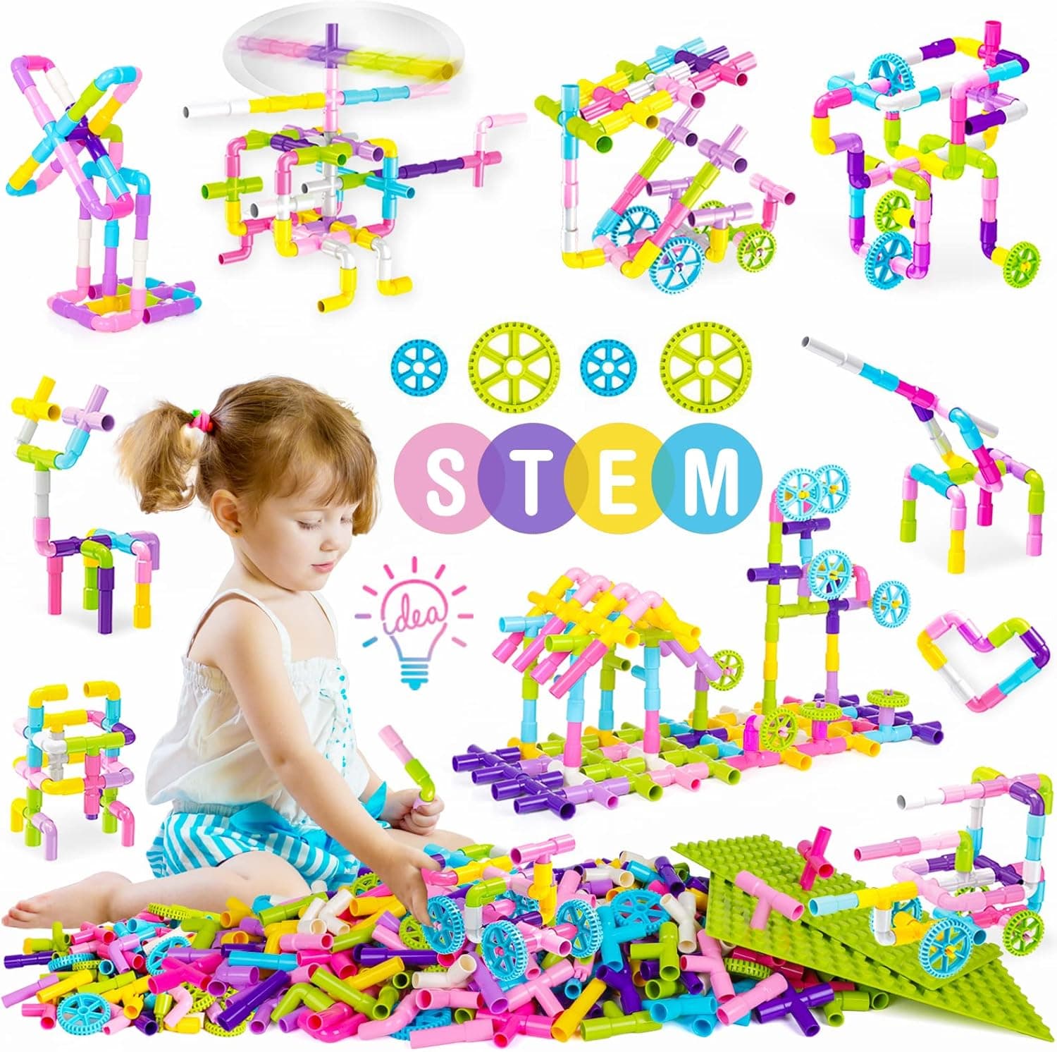 354 Pcs STEM Building Blocks Toy for 3 4 5+ Year Old Boys Girls, DIY Pipe Tube Sensory Toys with Wheels, Baseplate, Storage Box, Educational Toddler Child Toy Gift - Creativity Kids Toys