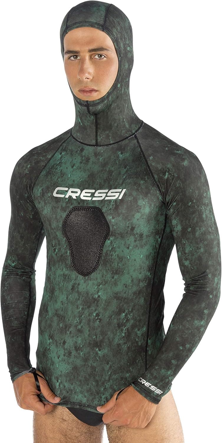 Cressi Camouflage Rash Guard for Scuba Diving Videomakers and Spearfishing - Hooded and Crew-Neck- get the Hunter equipment