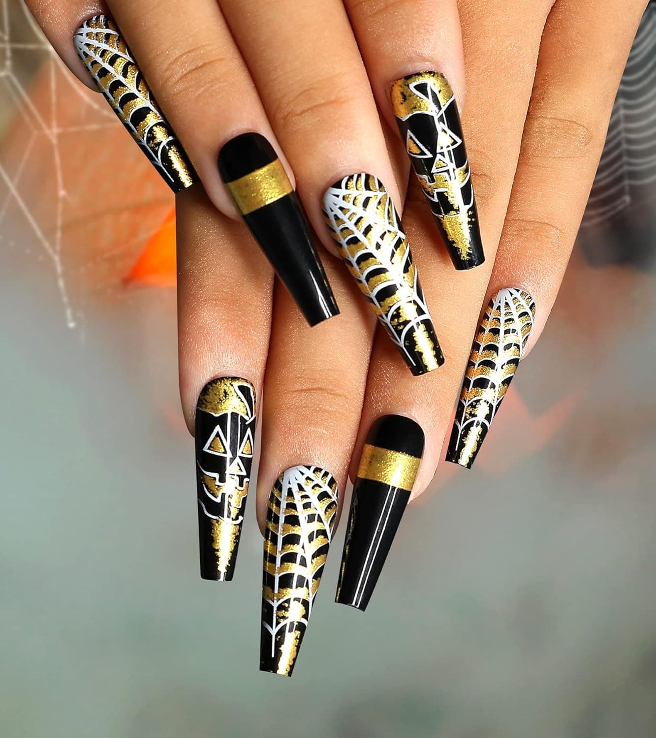 Morily 24Pcs Halloween Press on Nails Black Long Coffin Fake Nails with Gold Foil Pumpkin Acrylic Stick on Nails Spider Web Design Artificial False Nail Art Manicure for Women (Black Cobweb Gold Foil)