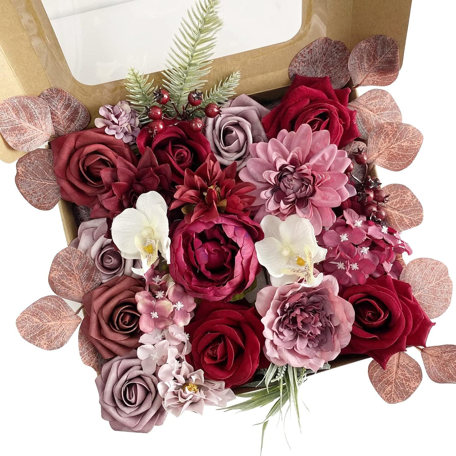 YiRonCins Artificial Flowers Combo Box Set Dahlia Peony Hydrangea Silk Fake Flowers Mix Foam Rose for Christmas Home Decoration DIY Wedding Bridal Burgundy Bouquets Centerpieces Arrangements Party