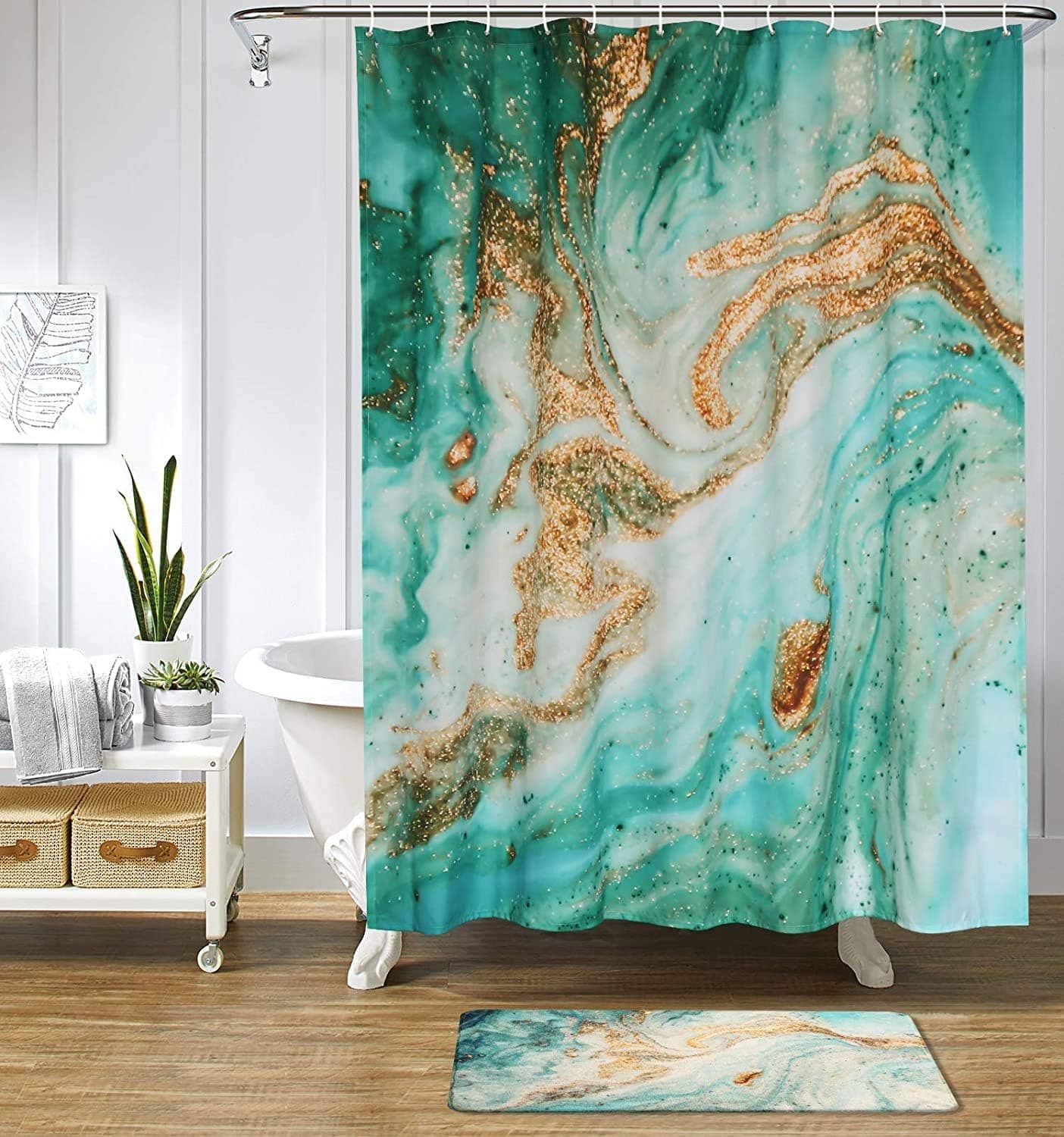 Uphome Marble Texture Shower Curtain Abstract Green Marble Swirls Ripples Fabric Shower Curtain with Art Gold Cracked for Bathtub Showers Bathroom Decor,Heavy Duty and Waterproof(72" W x 78" H)