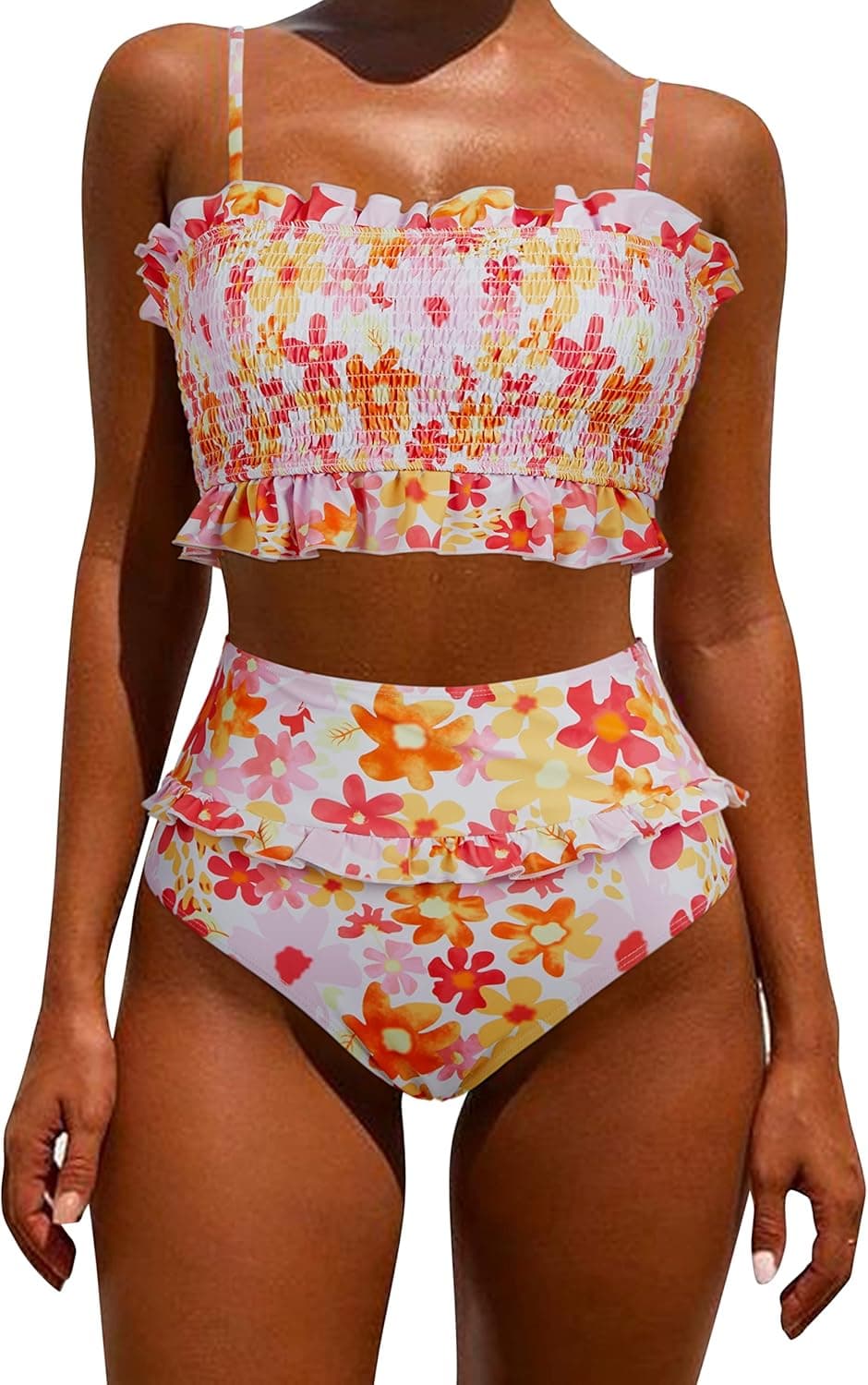 OMKAGI Women's Bandeau Bikini Sets Cute Shirred Swimsuit High Waisted Bathing Suit