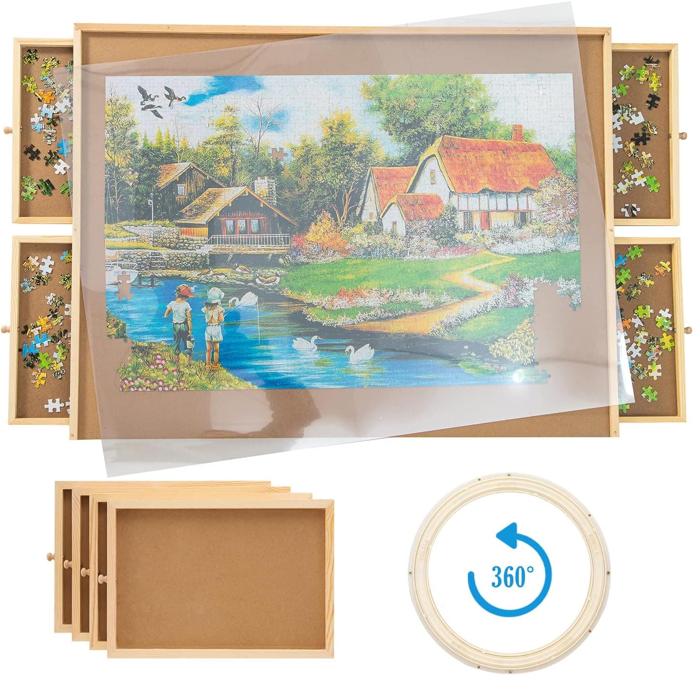 SNAIL Rotating Jigsaw Puzzle Board Portable Lazy Susan Spinning Puzzle Plateau Table with Storage Drawers and Cover for Adults, 34"x26" Wooden Jumbo Size Jigsaw Puzzle Table for 1500 Pieces Puzzles