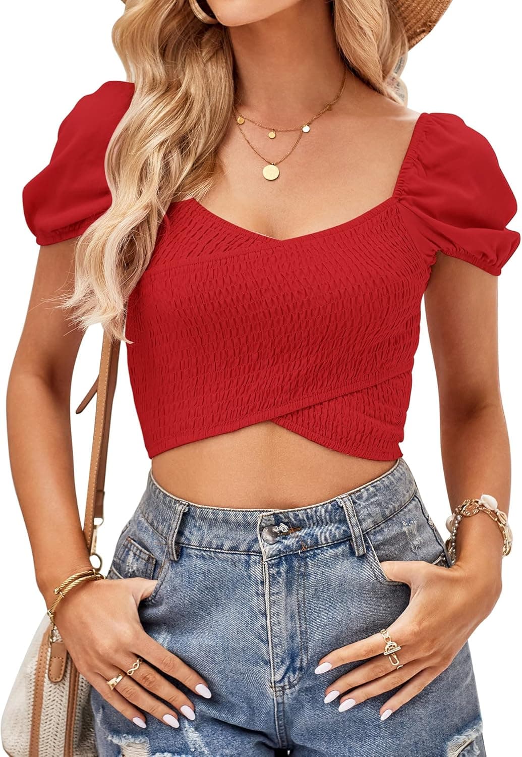 VIDUSSA Women's Puff Short Sleeve Smocked Crop Top Off Shoulder Wrap Blouse