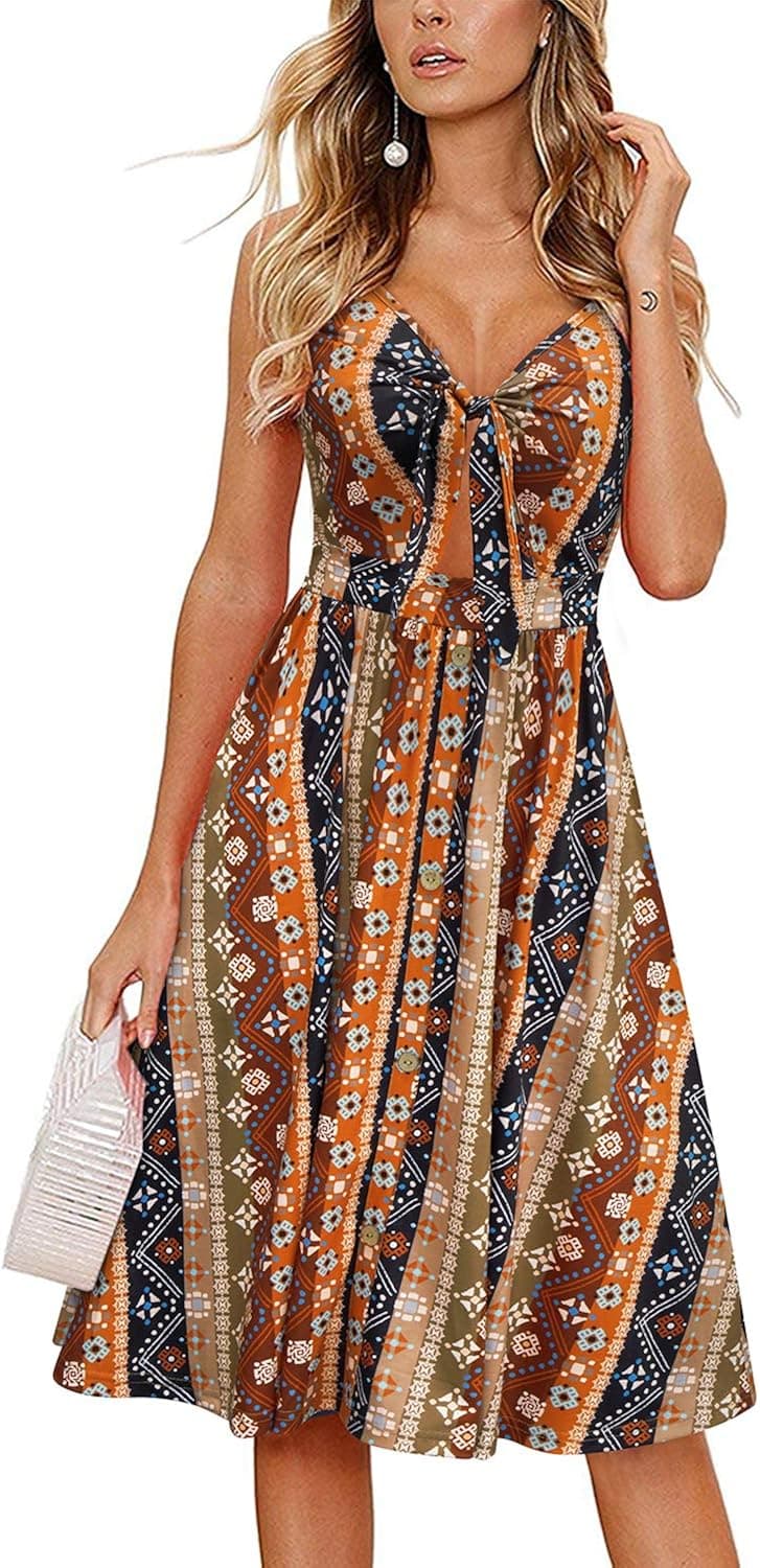 LAISHEN Women's V Neck Tie Knot Front Spaghetti Strap Dresses with Pockets