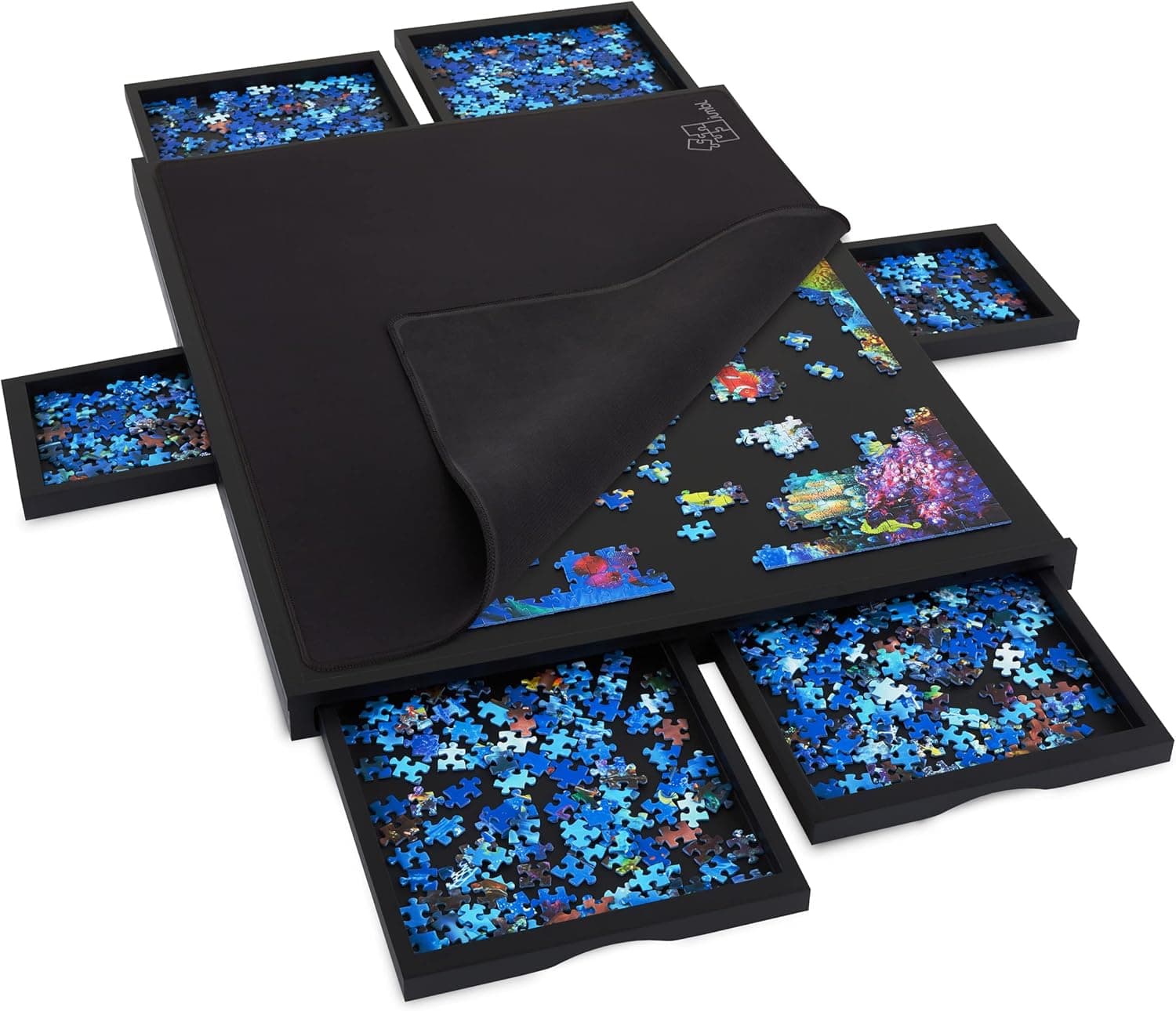 Jumbl 1000-Piece Puzzle Board w/Cover | 23” x 31” Jigsaw Puzzle Table w/ 6 Removable Storage & Sorting Drawers | Smooth Plateau Fiberboard Work Surface & Reinforced Hardwood | for Games & Puzzles