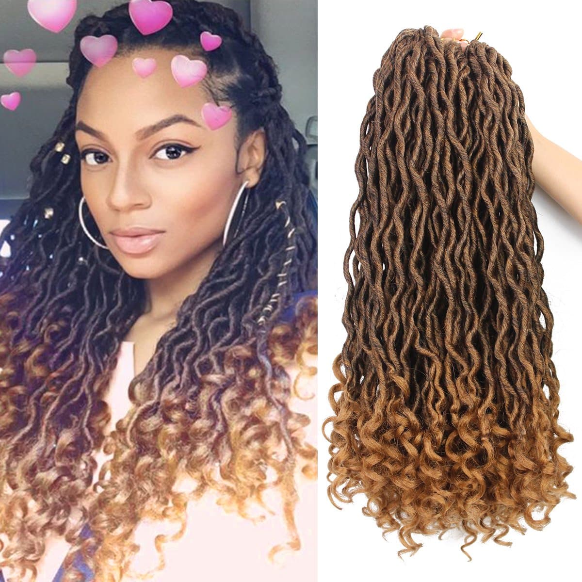 Eerya 6Packs Goddess Locs Crochet Hair 18 Inch Curly Faux Locs Crochet Braiding Hair Extensions for Black Women Synthetic Pre-looped Wavy Goddess Faux Locs Crochet Hair (18Inch Natural Black Brown T1B/27)