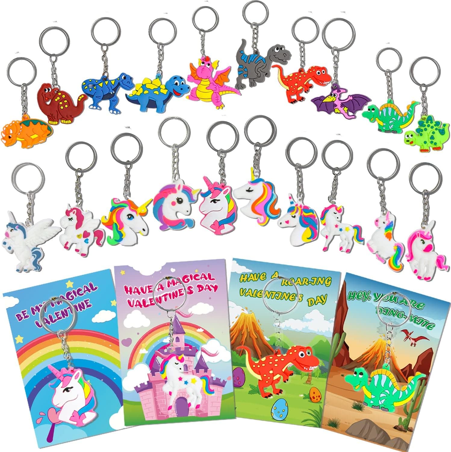 28 Packs Valentines Day Gifts for Kids Classroom - Dinosaur & Unicorn Keychains with Valentines Day Greeting Cards for Kids School - Exchange Valentines Gift for Class - Party Favors for Boys Girls