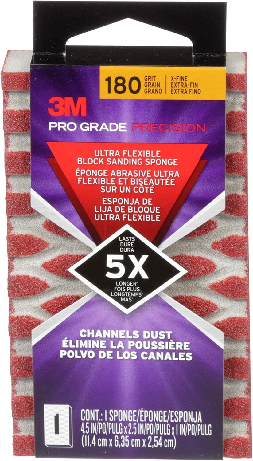 3M 2503PGP-180-UF Pro Grade Precision 180-Grit Ultra Flexible Block Sanding Sponge, 4.5" x 2.5" x 1"