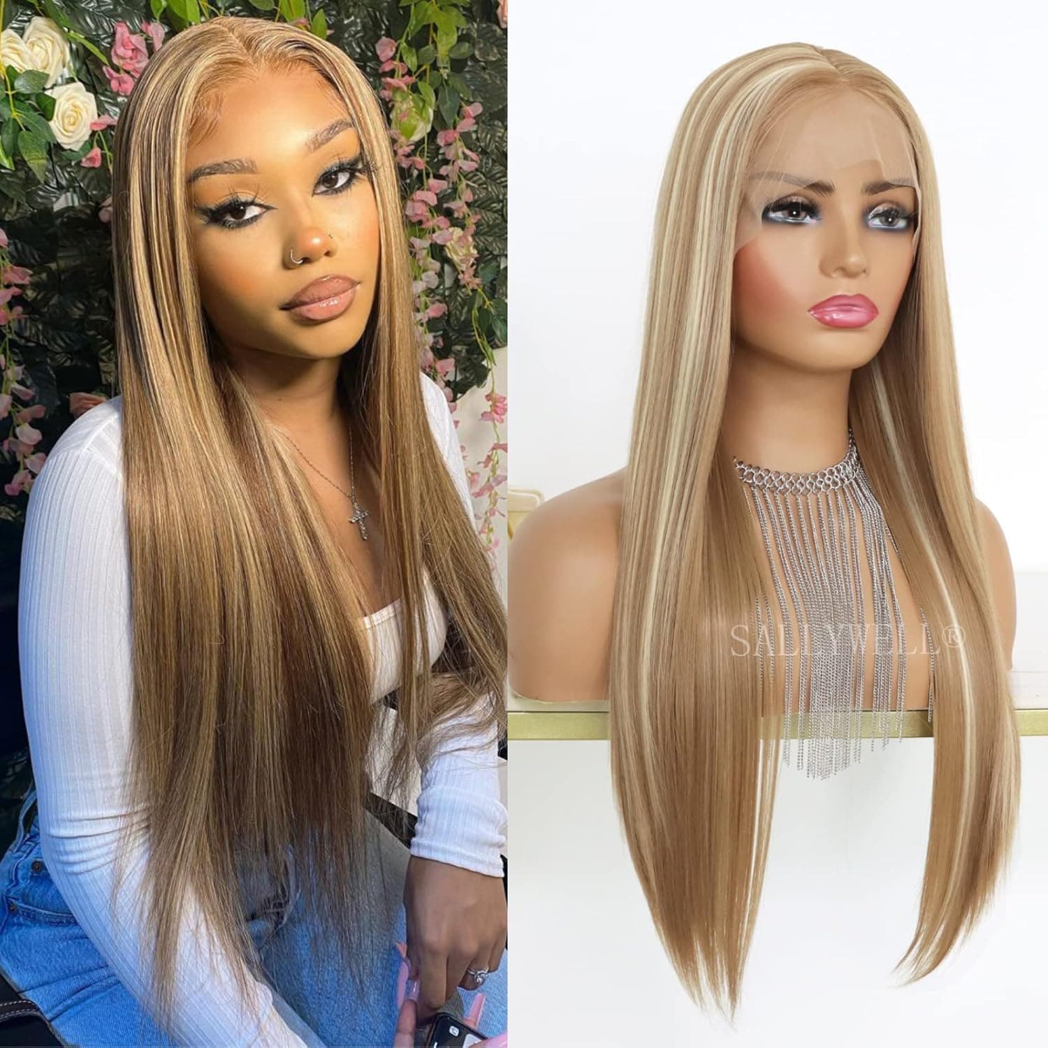 SALLYWELL Blonde Lace Front Wig Ombre Synthetic Hair Wig Middle Part Highlight Wig Long Straight Hair Mixed Brown and Blonde Colored Lace Front Wigs