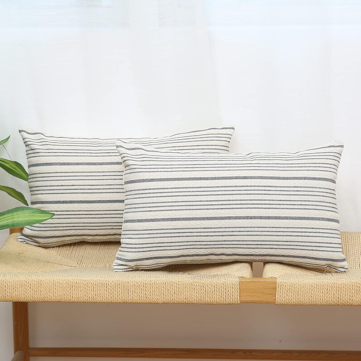 Kiuree Grey and Cream Farmhouse Throw Pillow Covers 12 x 20, Modern Accent Square Decorative Pillow Case, Set of 2 Stripes Textured Linen Throw Pillow Case for Sofa Couch Chair Bedroom(Grey)