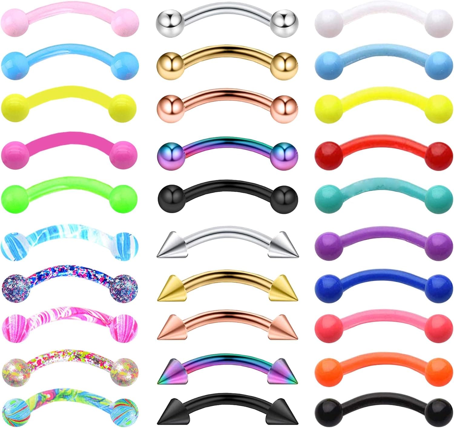 EVELICAL 20-48Pcs 16G Eyebrow Piercing Rook Curved Barbell Kit Eyebrow Tragus Lip Rings for Women Men 8-10mm