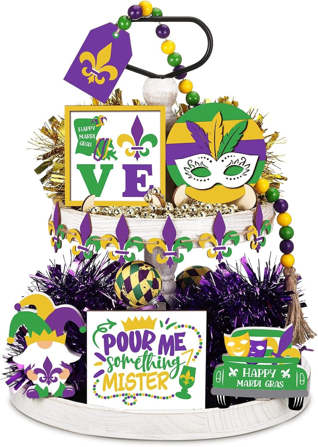 Jetec Mardi Gras Tiered Tray Decor Happy Mardi Gras Table Wooden Sign Decorations Venetian Carnival Table Sign Masquerade Party Centerpiece for Home Kitchen Bar Decoration (Mask, 11 Pieces)