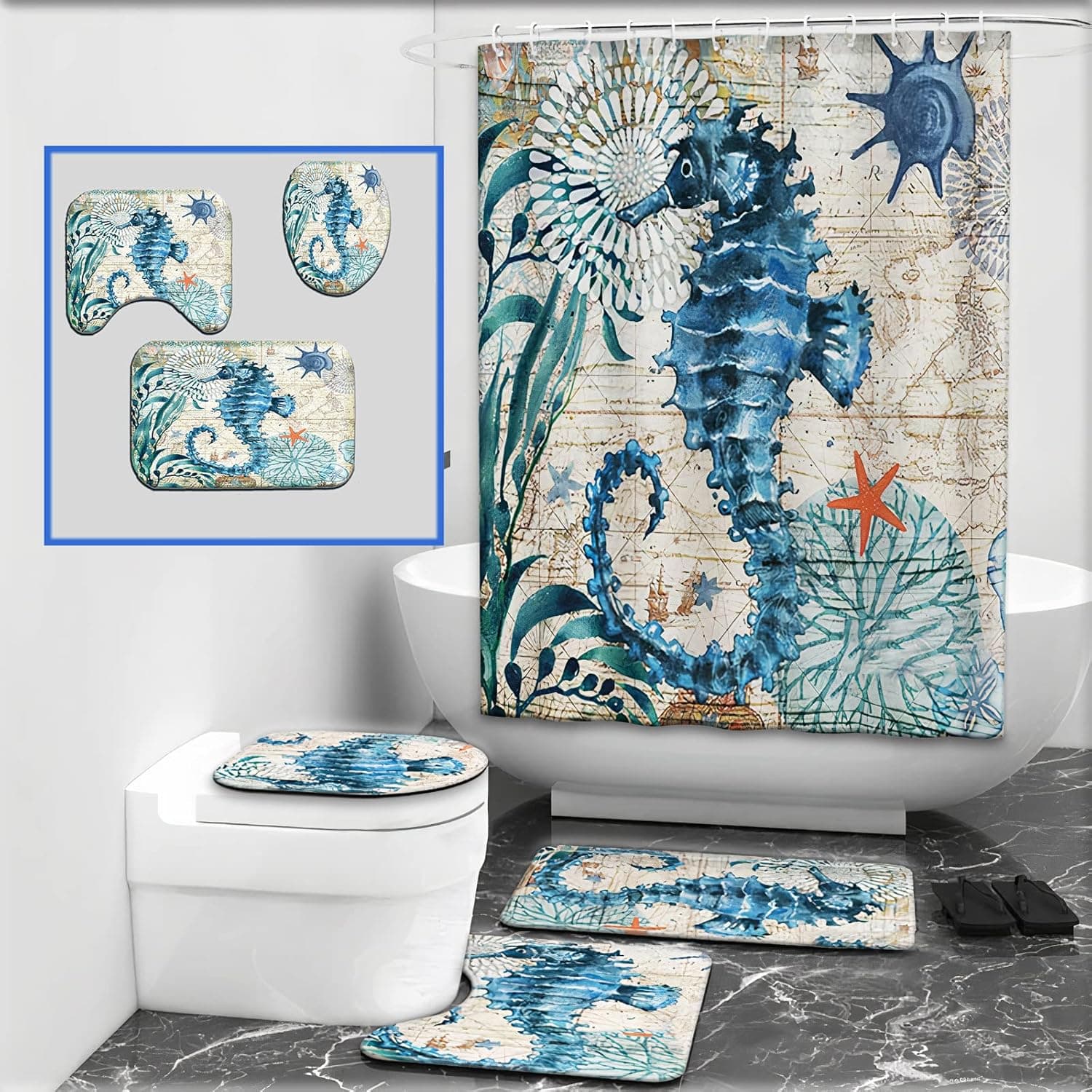 YGTEXIM Shower Curtain Set 4Pcs - Bathroom Sets With Shower Curtain, Rugs, Accessories With Mats And 12 Hooks, Designs ;Ocean Seahorse, Santa Full Moon,Exotic Starfish & Xmas Love Eve (Ocean SeaHorse)