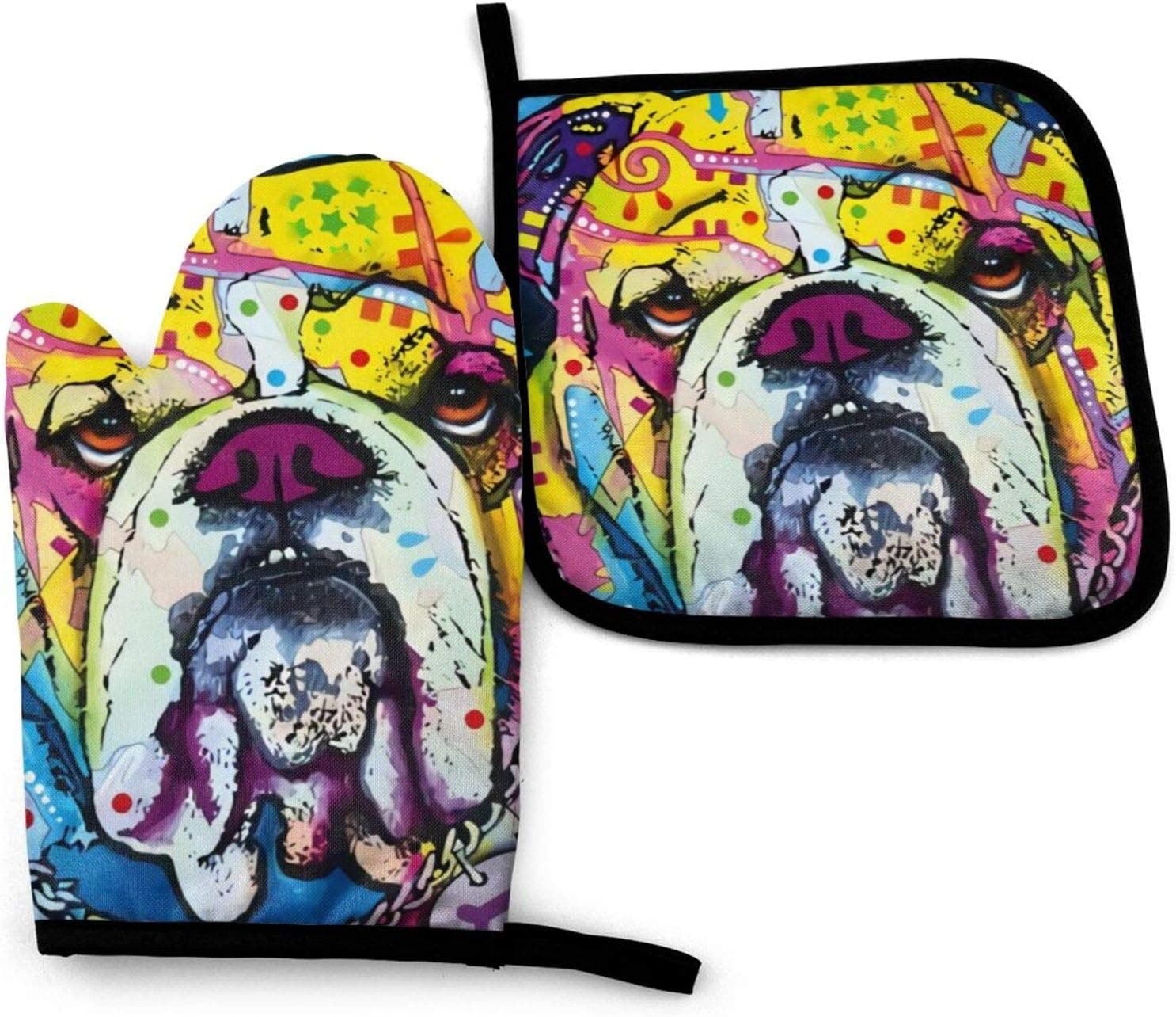 English Bulldog Pattern Oven Mitts and Pot Holders Set Kitchen Gift Set for Kitchen Cooking Baking BBQ