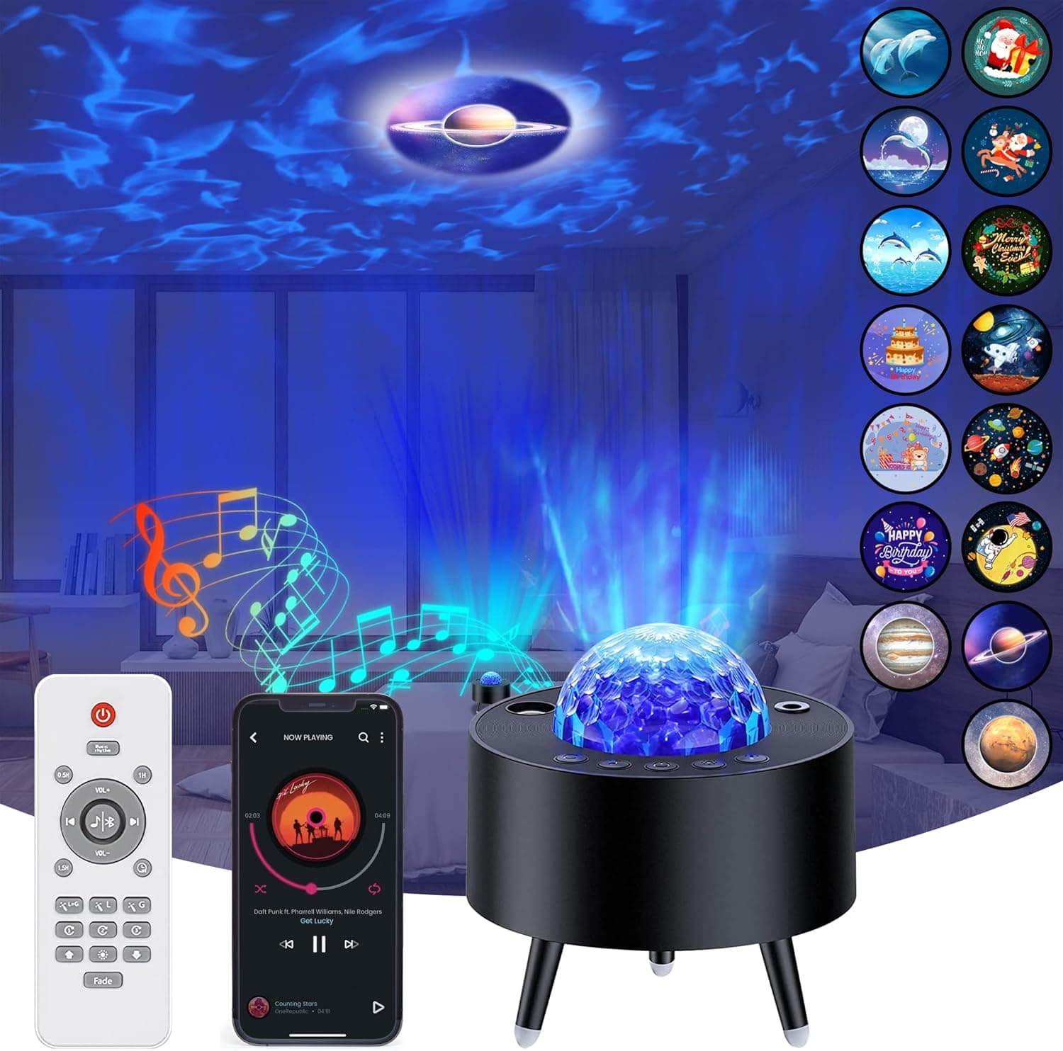 LeaderPro Star Projector Galaxy Projector Night Light, Wireless Speaker/White Noise/Remote Control/Auto Timer 15 Projection Sences Ocean Wave Sky Lights Birthday Christmas Gifts for Girls Boys