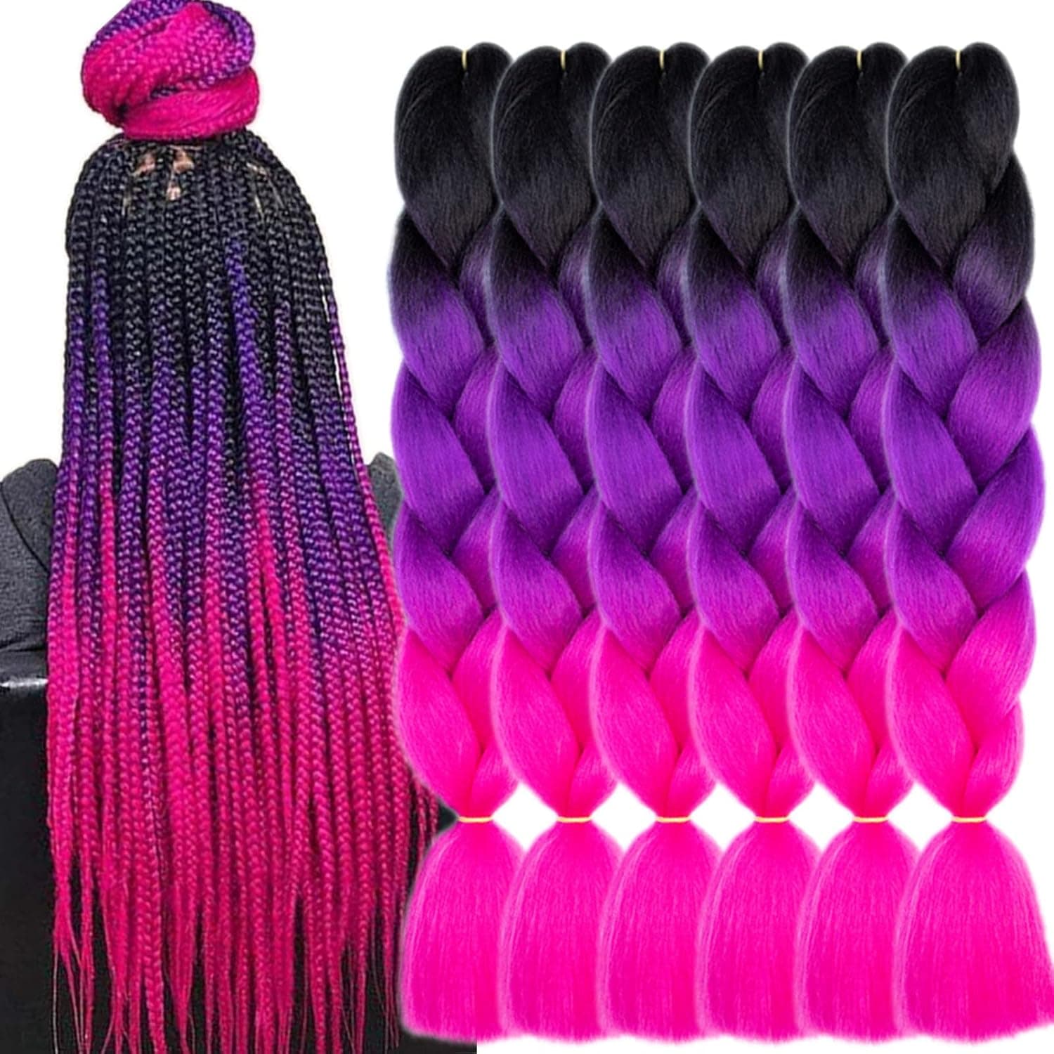 TENGSHUO FLY 6 Packs 24 Inch Braiding Hair Ombre Jumbo Braiding Hair for Women Extensions 24 Inch Kanekalon Heat Resistance Synthetic Hair for Braiding (6 Packs, Black to purple to rose red)
