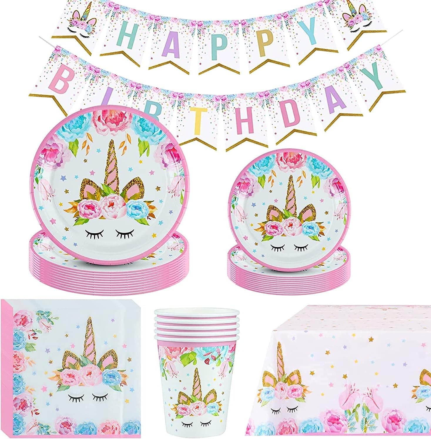 YUNRUI-SS 66 Unicorn Party Supplies Set Unicorn Tableware Set Includes Paper Plates, Tablecloths, Forks, Cups, Unicorn Birthday Banners, For 16 Guests