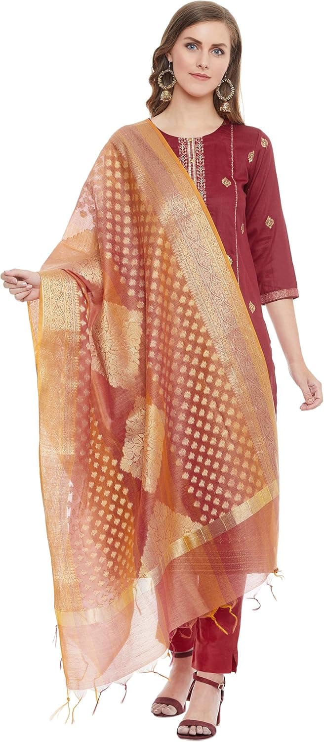 PINKSHINK Women's Ready to Wear Red and Orange Cotton Indian/Pakistani Salwar Kameez with Banarasi Silk Dupatta