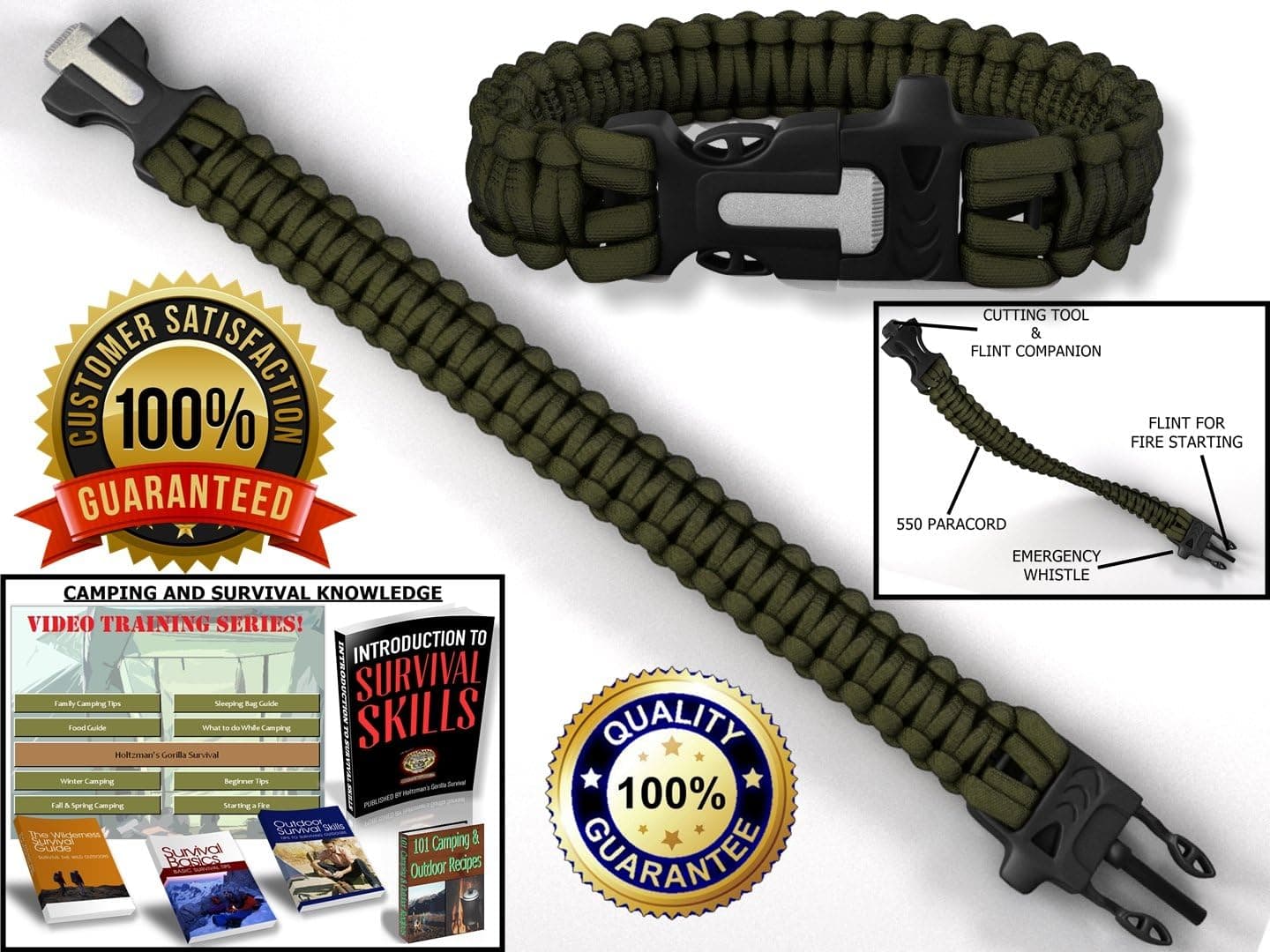 Ready Wrist: 550 Paracord Emergency Bracelet is a Parachute Cord Survival Bracelet with an Emergency Whistle, Knife Like Cutting Tool, and Flint (Green)