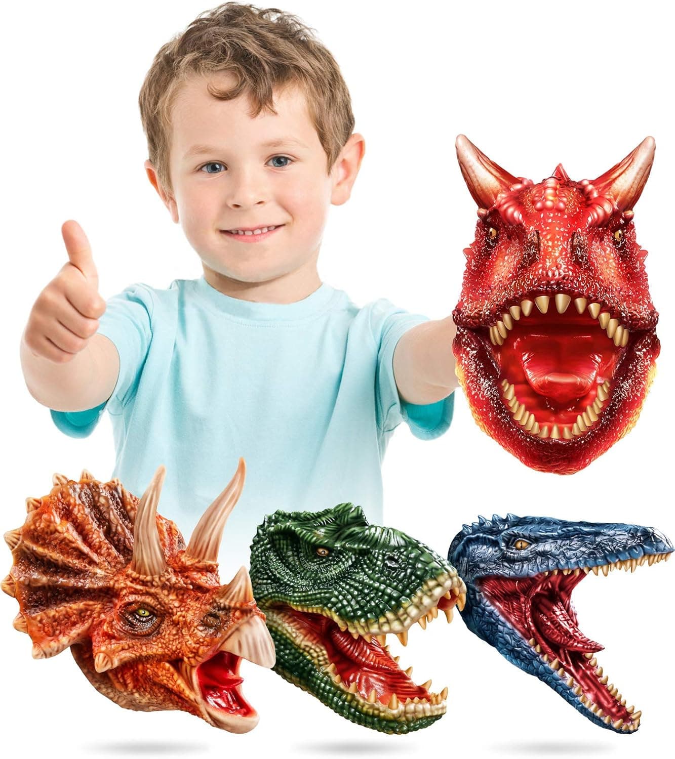 Dinosaur Puppets Toys, Geyiie Soft Dinosaur Hand Puppets T Rex Triceratops for Kids Age 3 4 5 6 7 8-12, Dino Figures Set for Valentine Party Gifts, 4 Pack