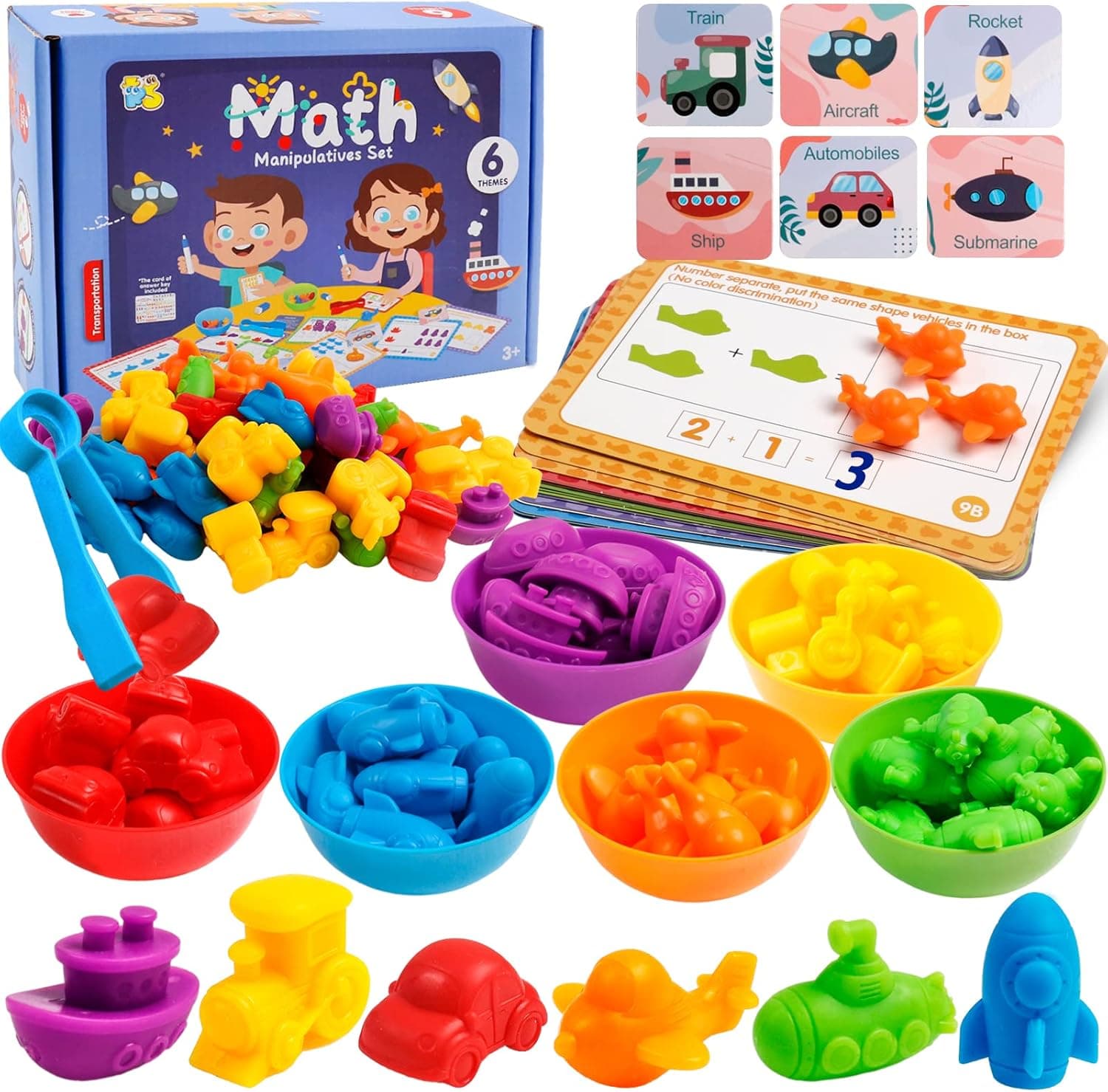 Counting Toys for Toddlers with Sorting Bowls,Color Sorting Stacking Montessori Educational Preschool Learning Activities with Cards & Pen Sensory Toys for Toddler Ages 2-4 Boys Girls (Transport Set)