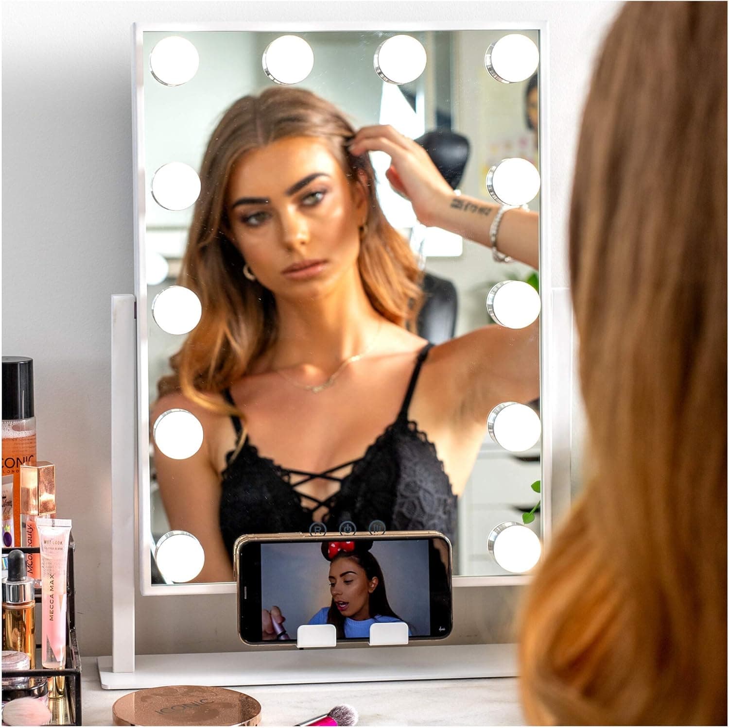 REBEL POPPY Vanity Mirrors with LED Lights - Phone Mount, 3 Lighting Touch Control, 18.5” x 14.8”, Fogless - Hollywood Lighted Makeup Mirror (White)