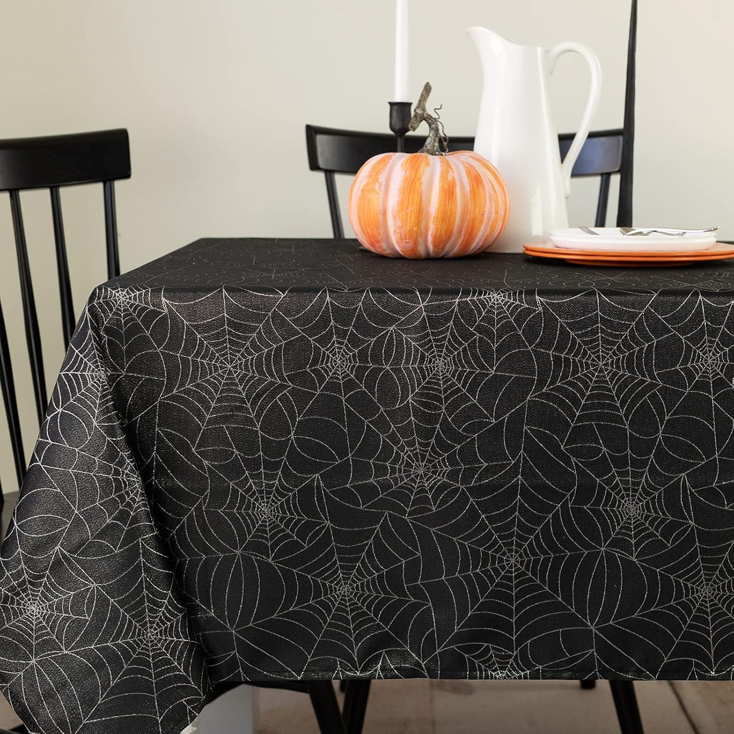 Benson Mills Halloween Twinkle Spider Web Metallic Fabric Table Cloth, Easy Care Tablecloth for Dinners & Parties (Black, 60" X 104" Rectangular)