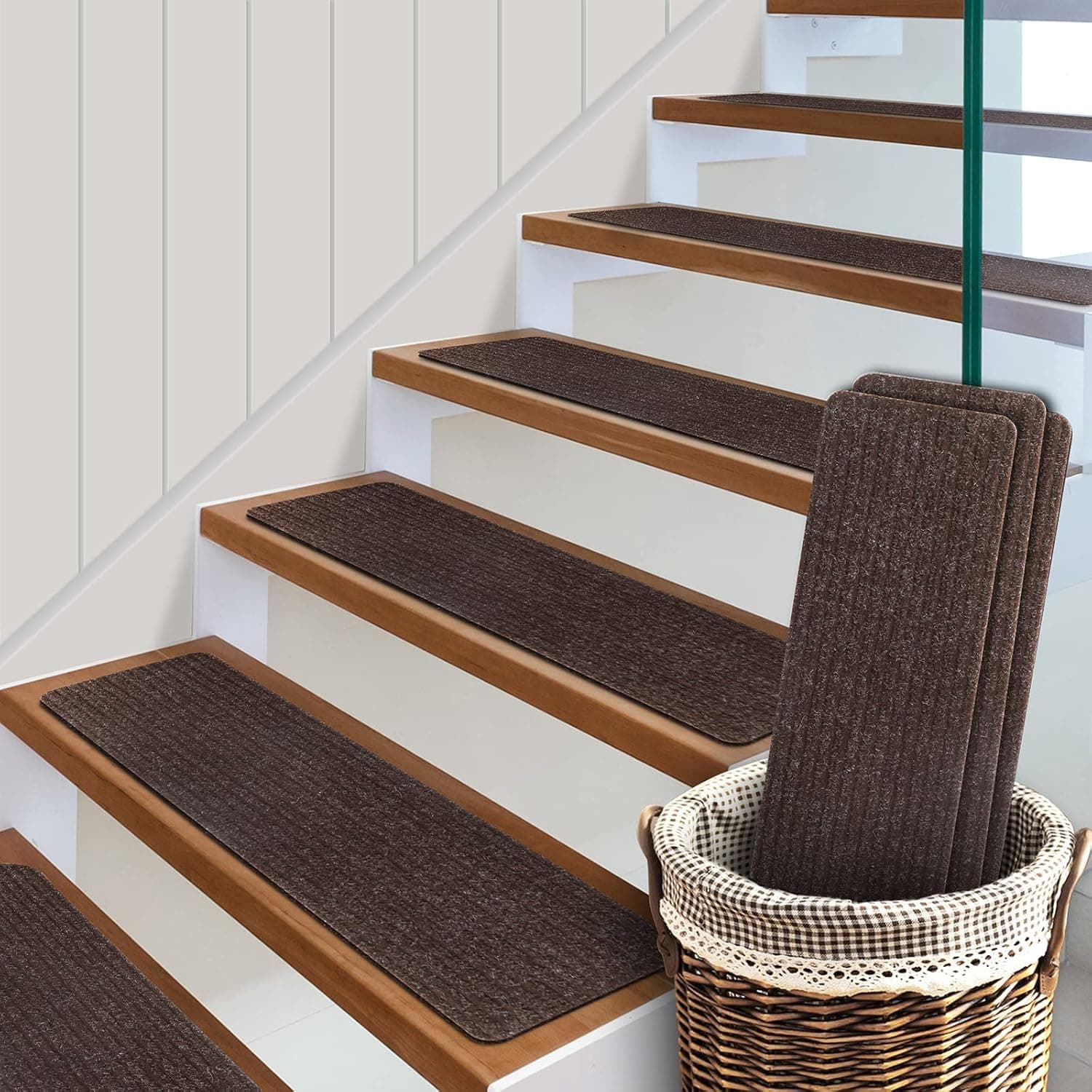 Stair Treads Carpet Non Slip, Stair Runners for Wooden Steps Indoor Stair Rugs Self Adhesive Safety for Elders Kids Dogs 30" X 8" Brown, Set of 15