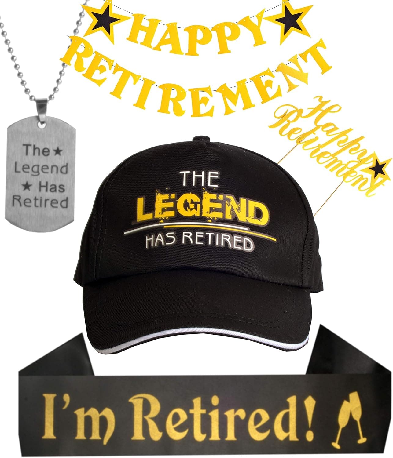 Happy Retirement Banner, The Legend has Retired Sash and Hat/ Baseball Cap Gold, Christmas Gifts, The Legend has Retired Necklace, Retirement Party Supplies Gifts and Decorations, Retirement Supplies