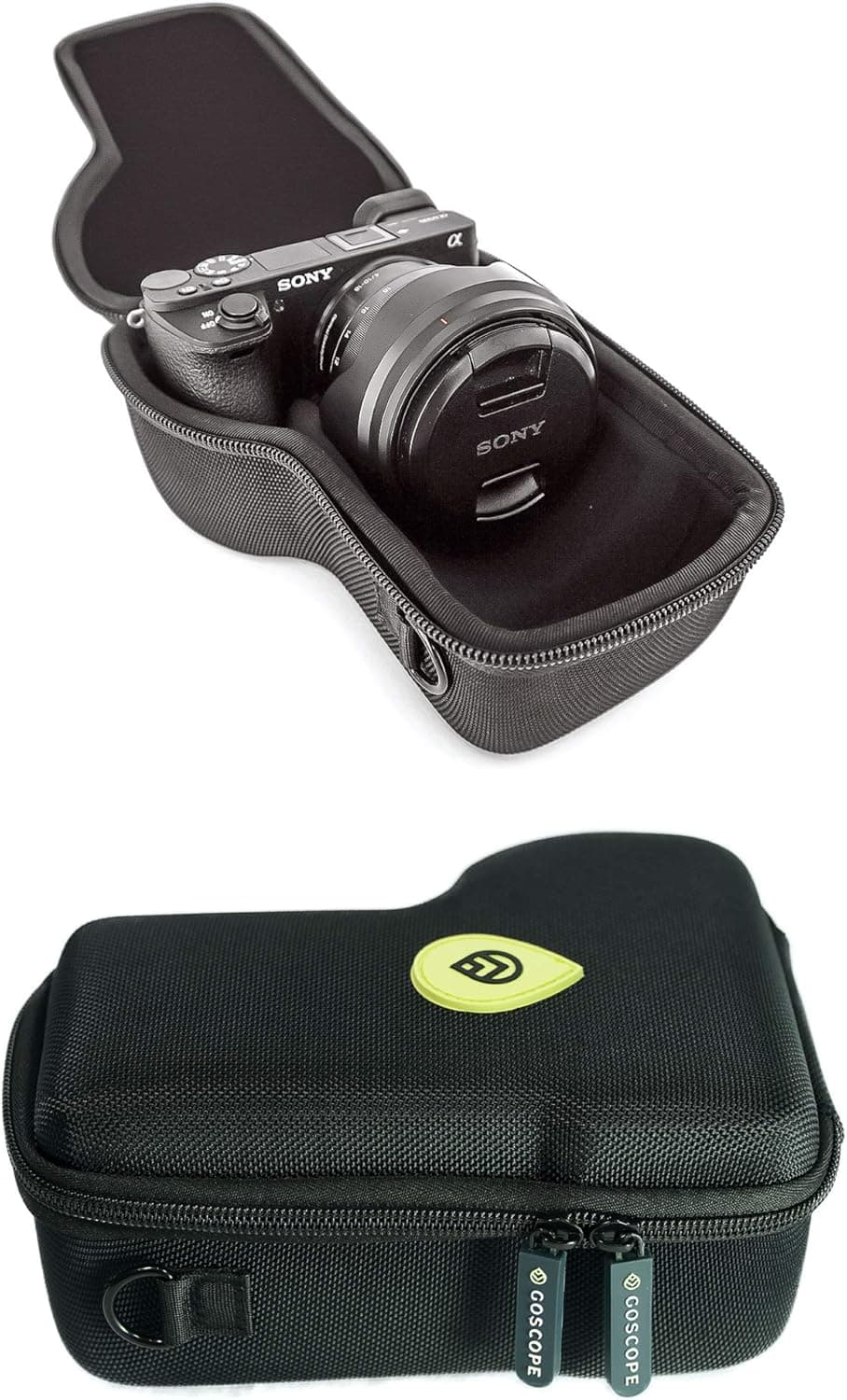 GOSCOPE ALPHA GO CASE - compact hard shell case compatible with SONY ALPHA a5100, a6000, a6100, a6300, a6400, a6500, a6600, a7c, ZV-E10, Camera Body w/Lens Sizes 10mm-105mm [FITS CAMERA & LENS]