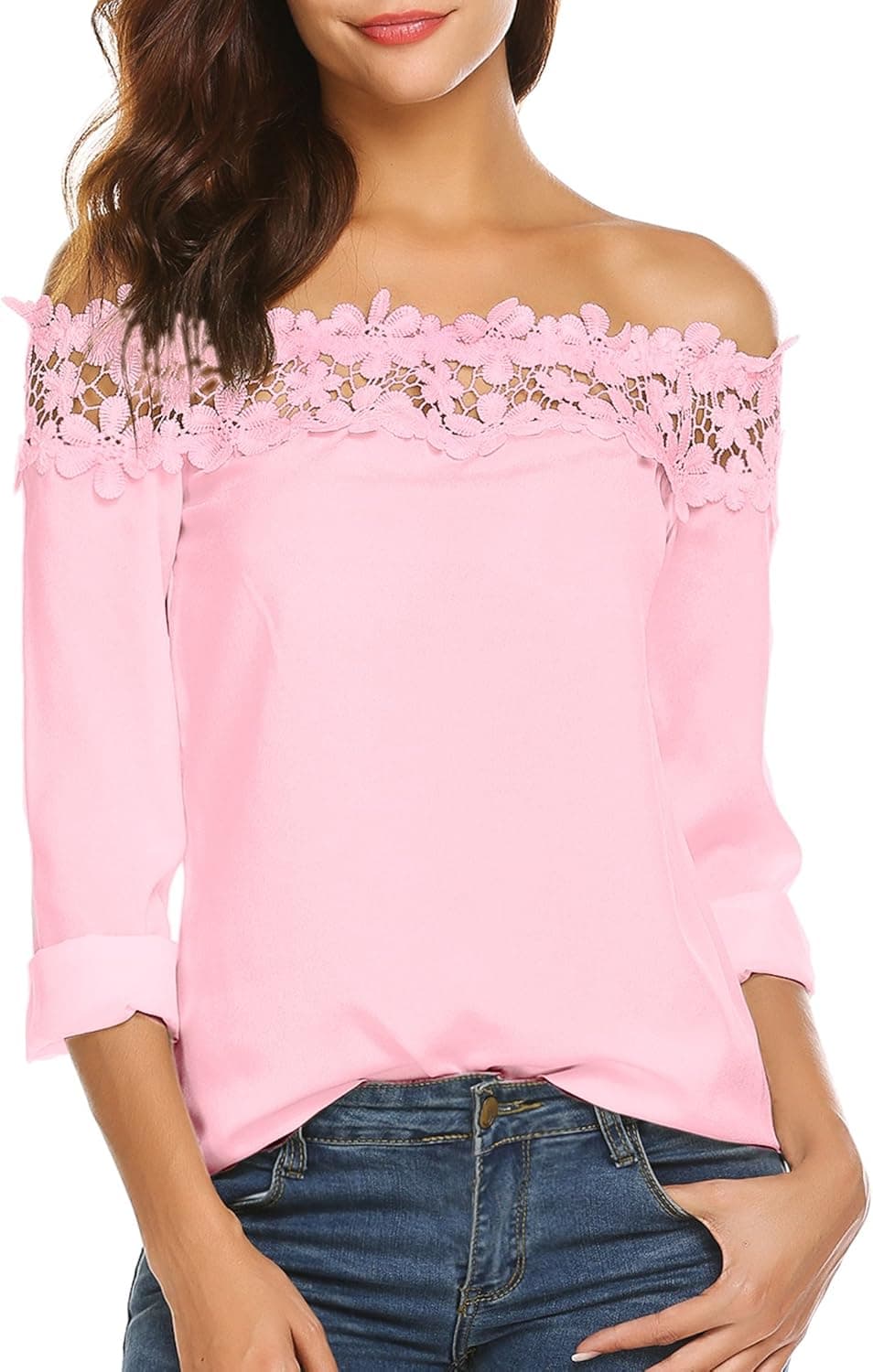 Womens Casual Lace Patchwork Long Sleeve Off Shoulder Tops Chiffon Shirt