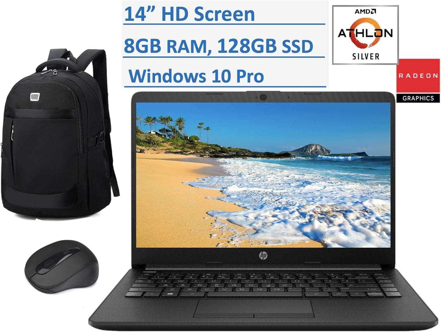 2020 HP Premium 14 inch HD Laptop, AMD Athlon Silver 3050U (Beat i5-7200U), up to 3.2GHz, 8GB RAM, 128GB SSD, Jet Black Color, HDMI, Webcam, WiFi, Windows 10 Pro, Computer Backpack & Mouse Bundle