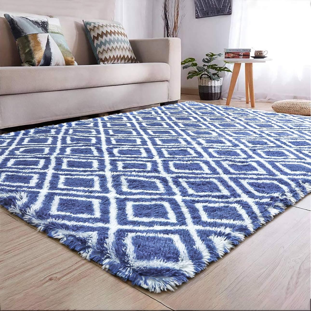 YJ.GWL Fluffy Area Rugs for Bedroom Living Room Shaggy Patterned Nursery Carpets for Girls Kids Teen's Room Fuzzy Floor Carpets Home Decor Rugs 5'x8'Indigo Trellis