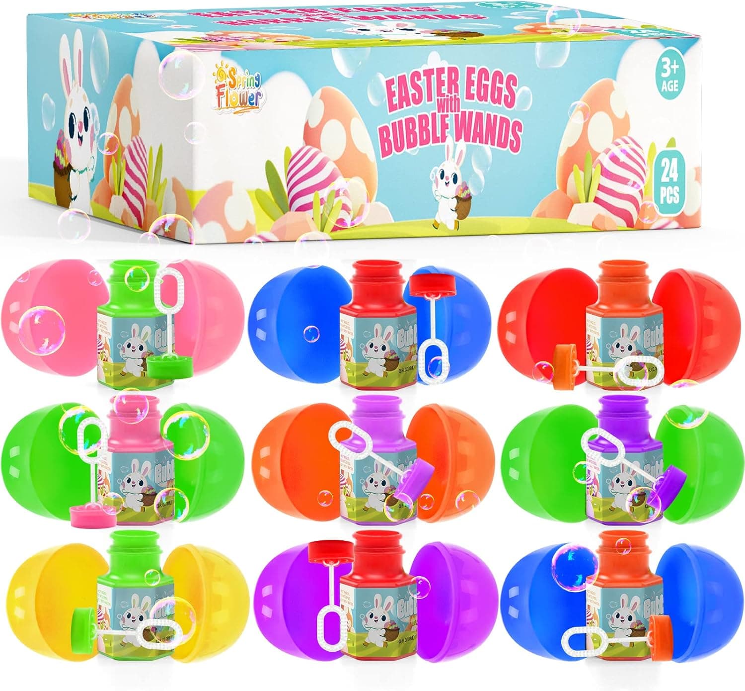 SpringFlower 24 Pack PreFilled Easter Eggs with Bubble Wands for Easter Basket Stuffers, Easter Eggs Hunt,Kids Easter Party Favor Supplies, School Classroom Easter Prize and Rewards Supplies