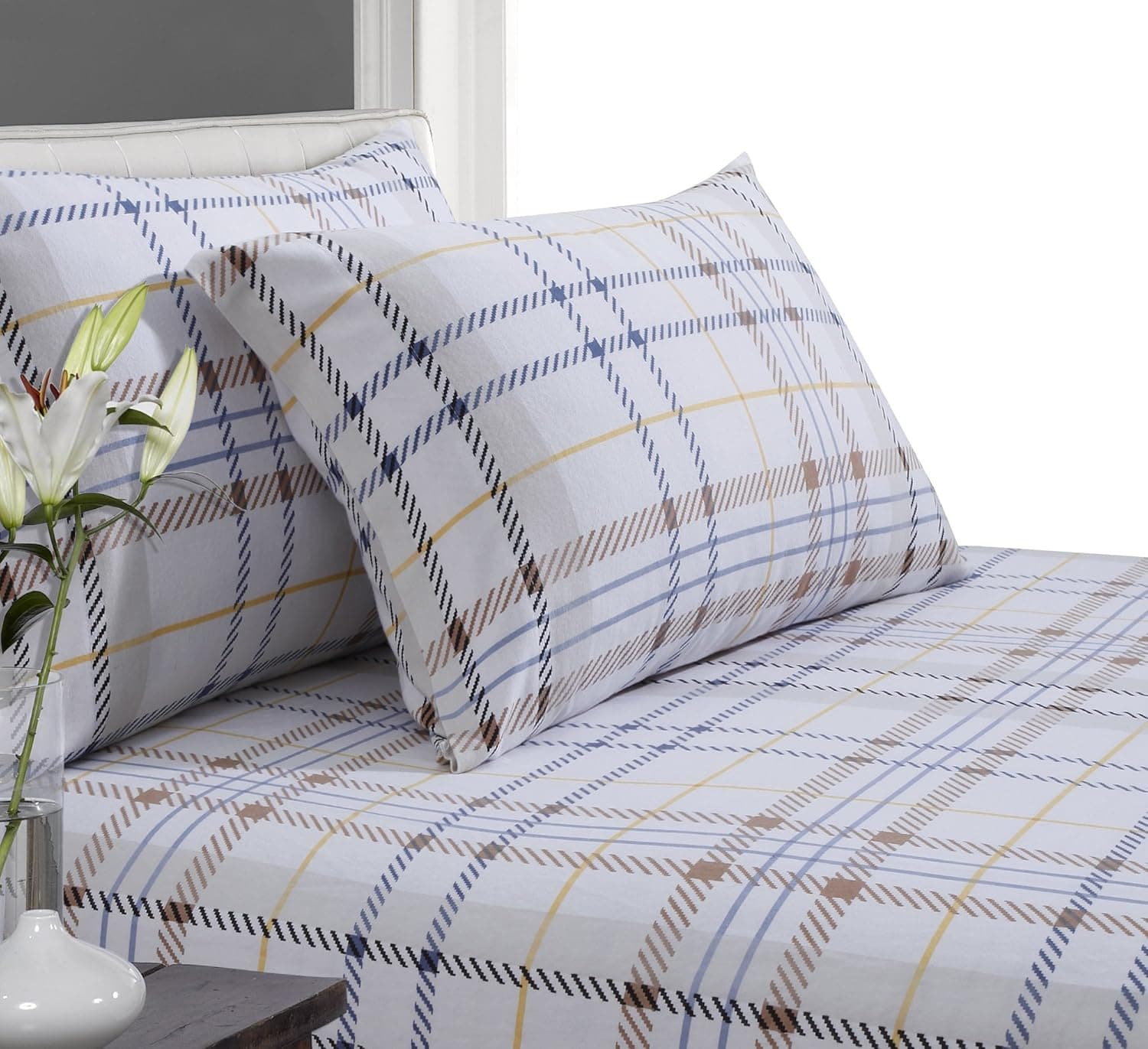 Tribeca Living 170 GSM Modern Plaid Printed Deep Pocket Flannel Sheet Set, Queen