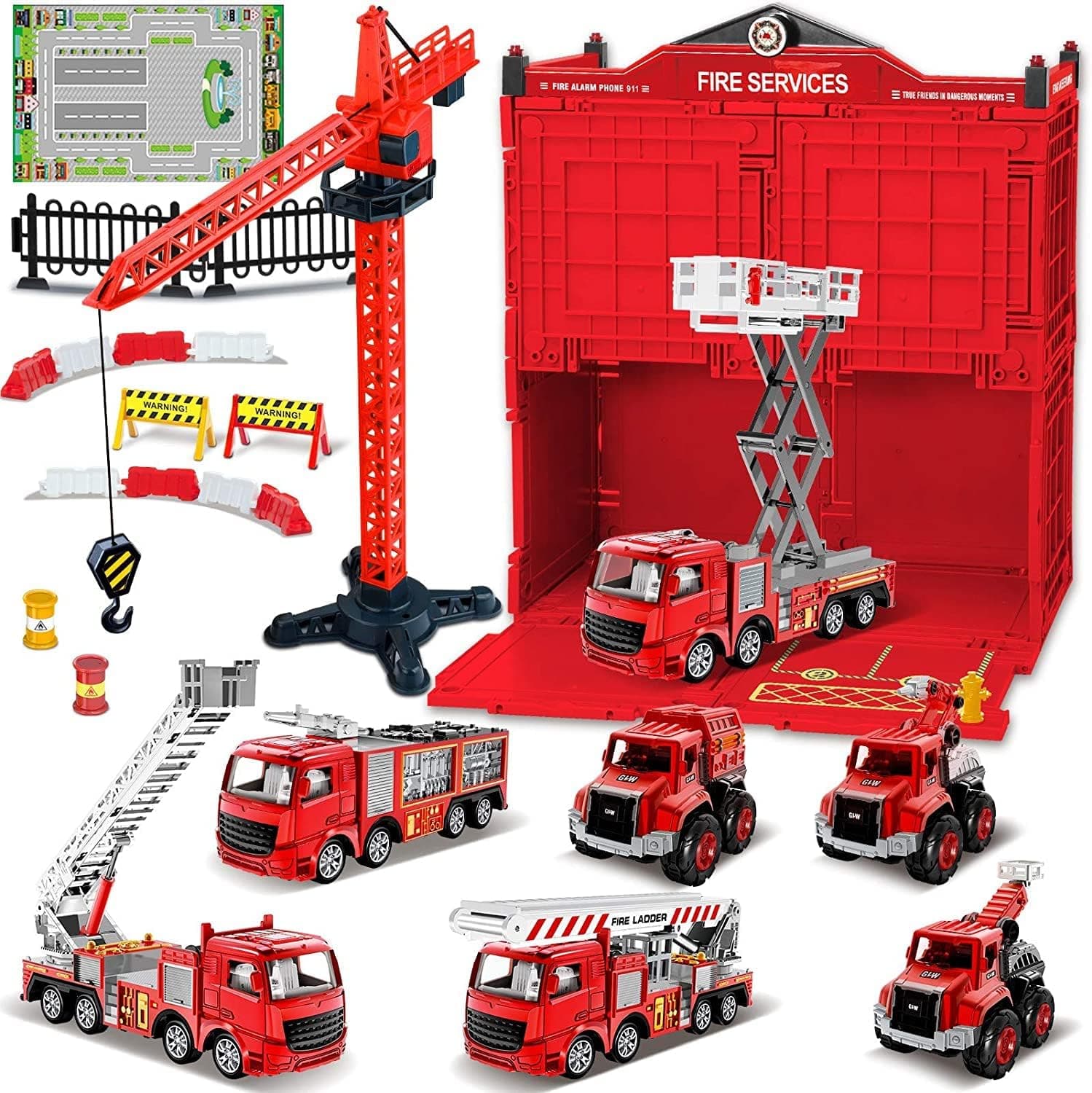 SLENPET Die-cast Alloy Fire Truck Toys Set, Simulation Fire Fighting Sandbox Game with Moveable Parts, 7 Emergency Rescue Cars, Tower Crane, Play Mat, Toy Storage Box, Gift for 3+ Years Old Boys Kids