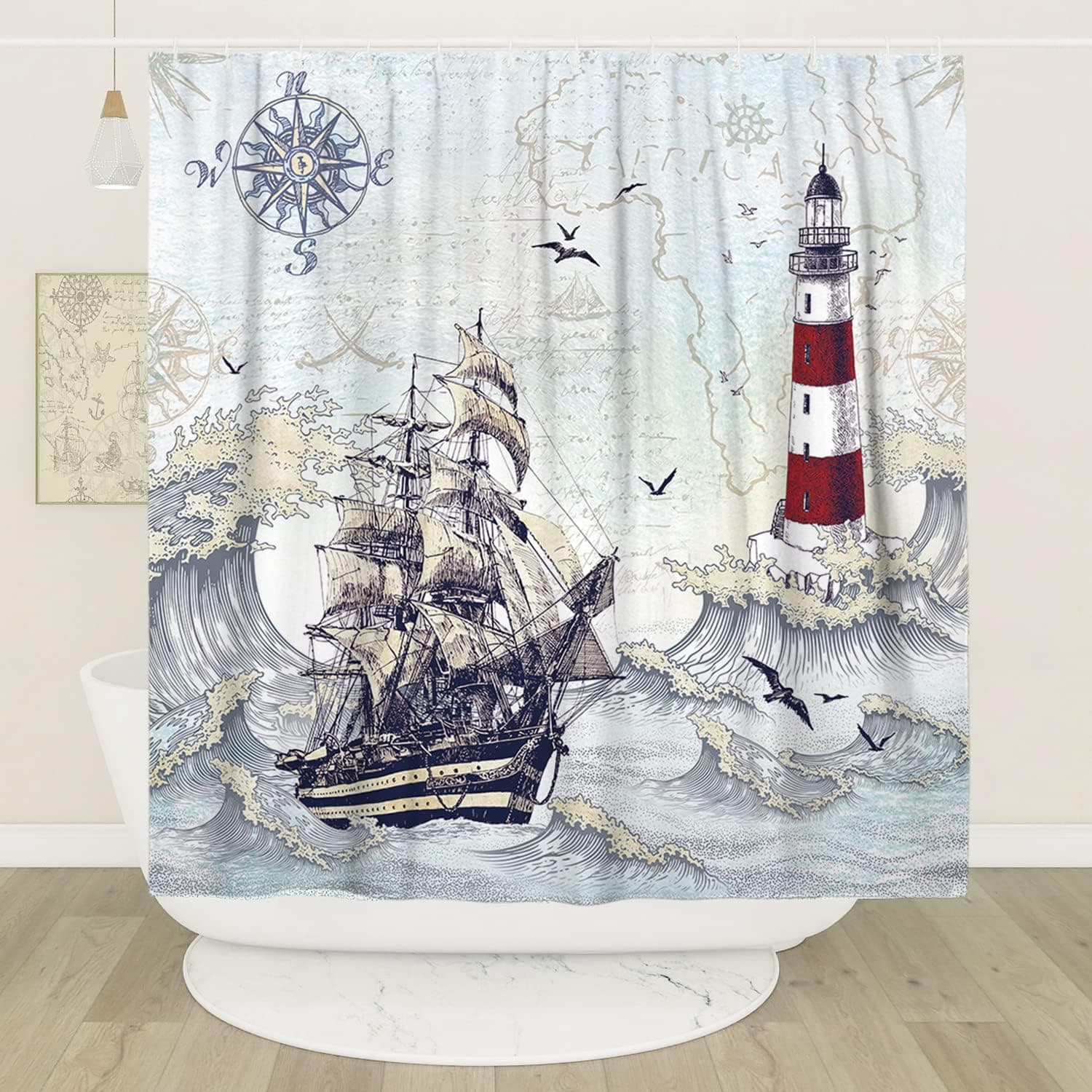 SKHOLIFE Nautical Shower Curtain Lighthouse Shower Curtain Sailboat Pirate Shower Curtain Cool Kids Shower Curtains Compass Wave Shower Curtain Polyester 72x72 Inch, Grey, 72x72 lnch