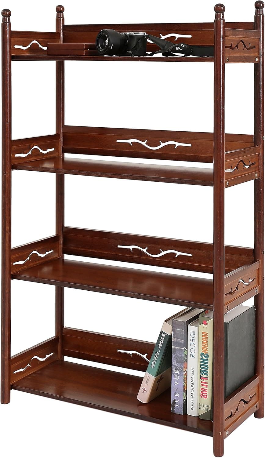 UNICOO - Bamboo 4-Shelf Antique Style Bookcase, Antique Standing Storage Shelf Units, Multifunctional Storage Rack 4 Tier Bookshelf